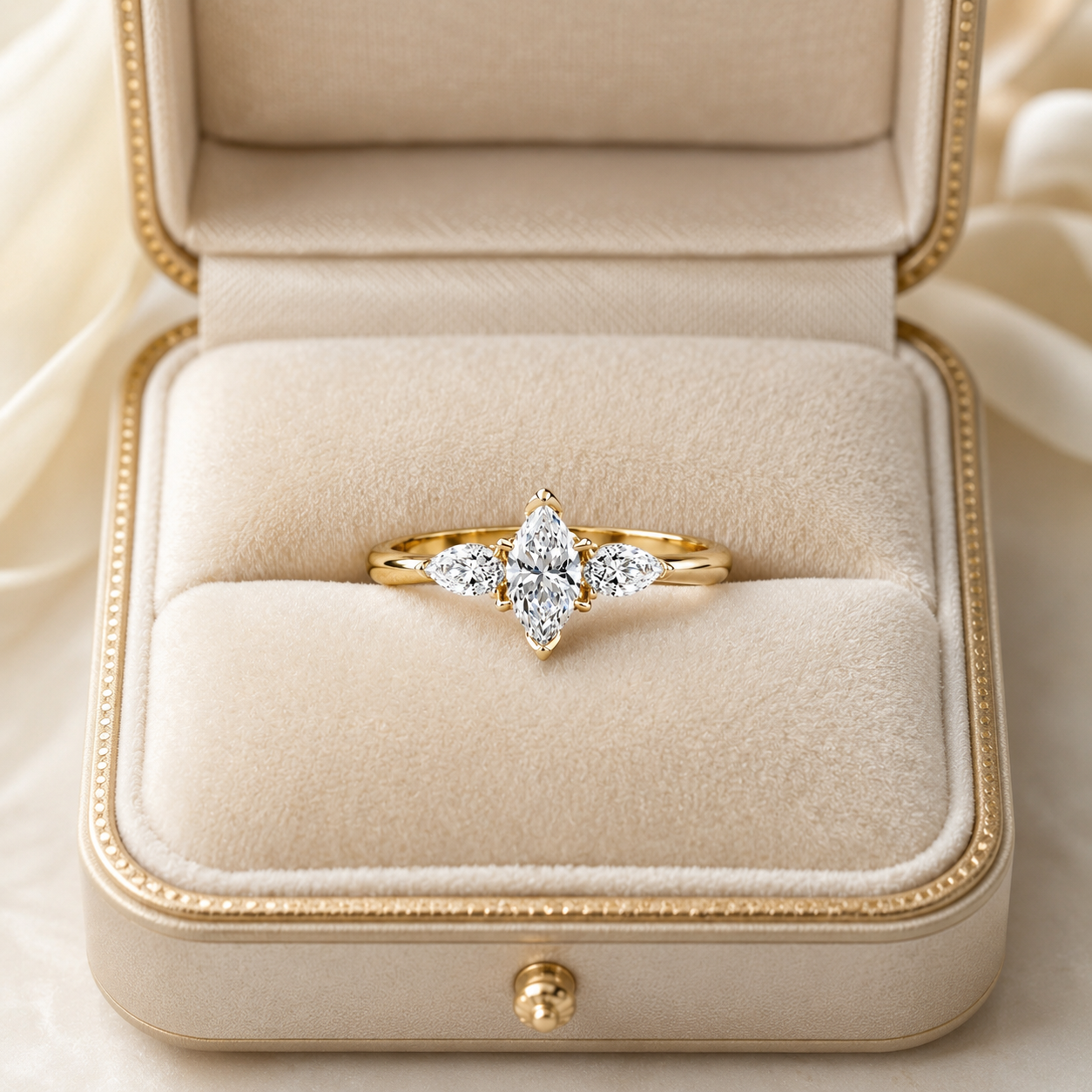 Marquise Lab Grown Diamond Engagement Ring Three Stone 14K Yellow Gold Pear Accents, IGI Certified