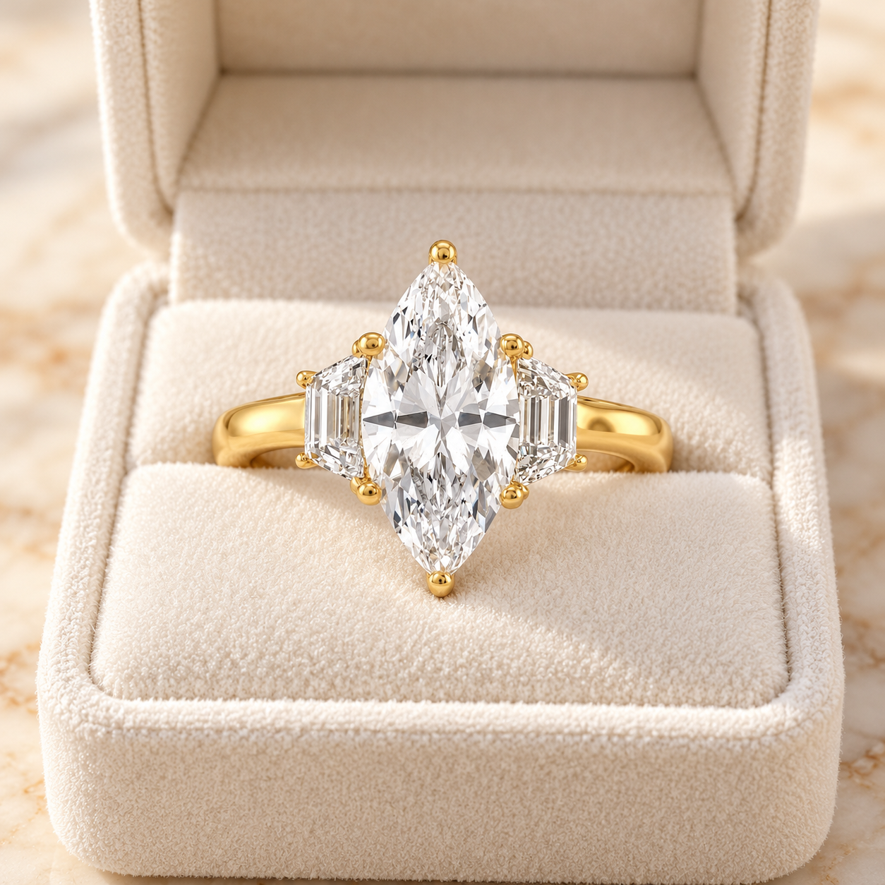 Marquise Lab Grown Diamond Engagement Ring Three Stone 14K Gold IGI Certified E/VVS2