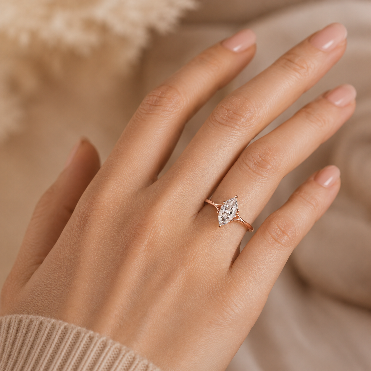 Marquise Lab Grown Diamond Engagement Ring Split Shank Solitaire 14K Rose Gold  IGI Certified 1 Carat E VVS2