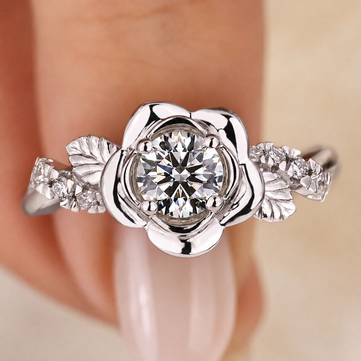 Round Lab Grown Diamond Engagement Ring Nature Leaf Rose 14K White Gold IGI Certified 1.00 Carat