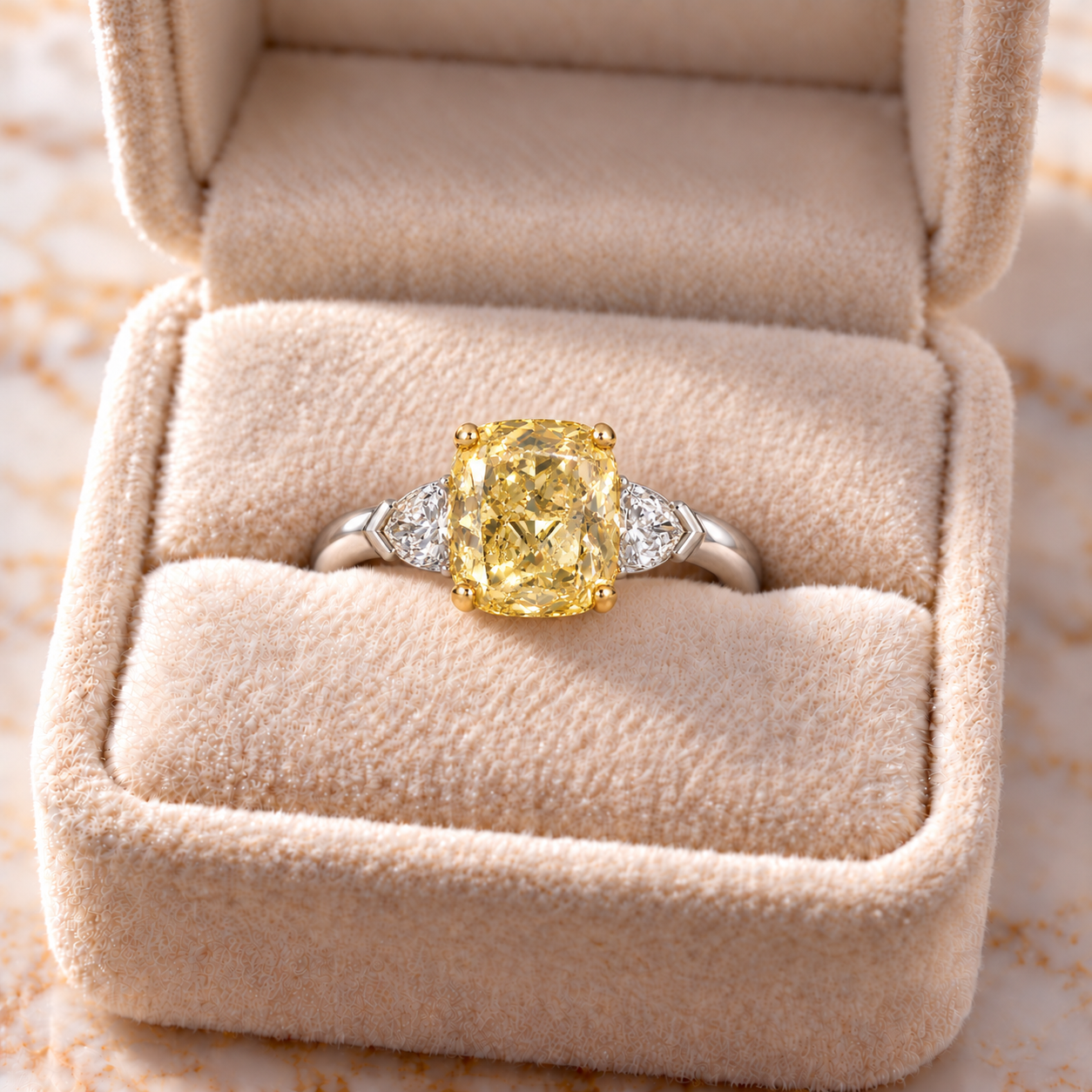 Fancy Yellow Cushion Lab Grown Diamond Engagement Ring – Three Stone White & Yellow Gold – Pear Side Stones