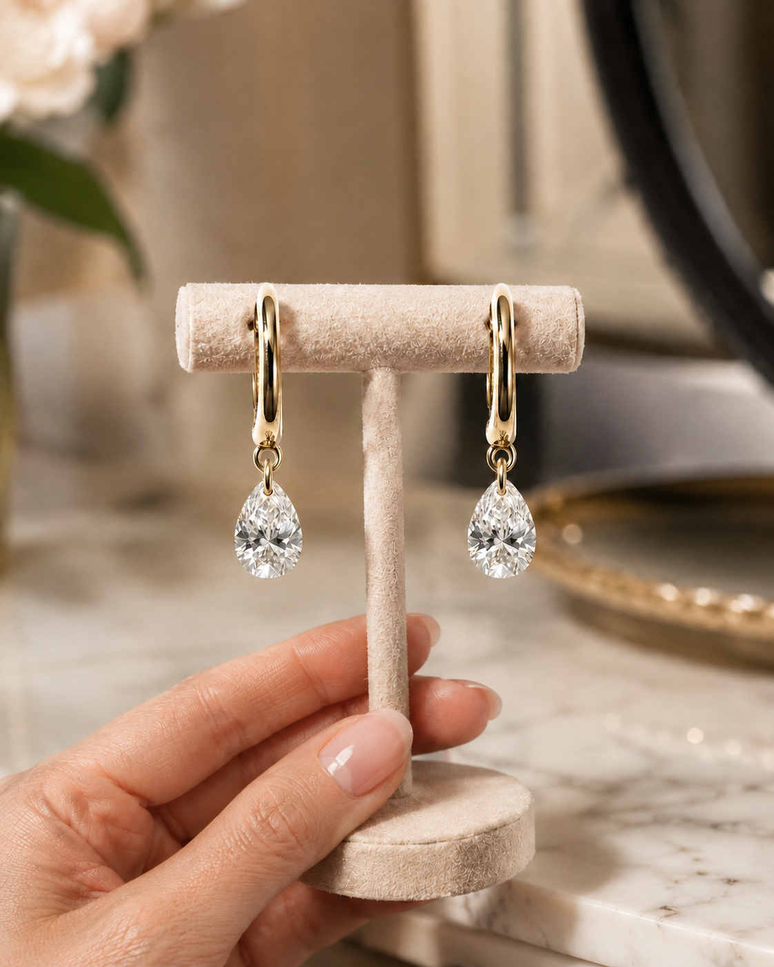 Pear Lab Grown Diamond Drop Hoop Earrings 14K Yellow Gold 1.06ct Free-Hanging Suspended Pair