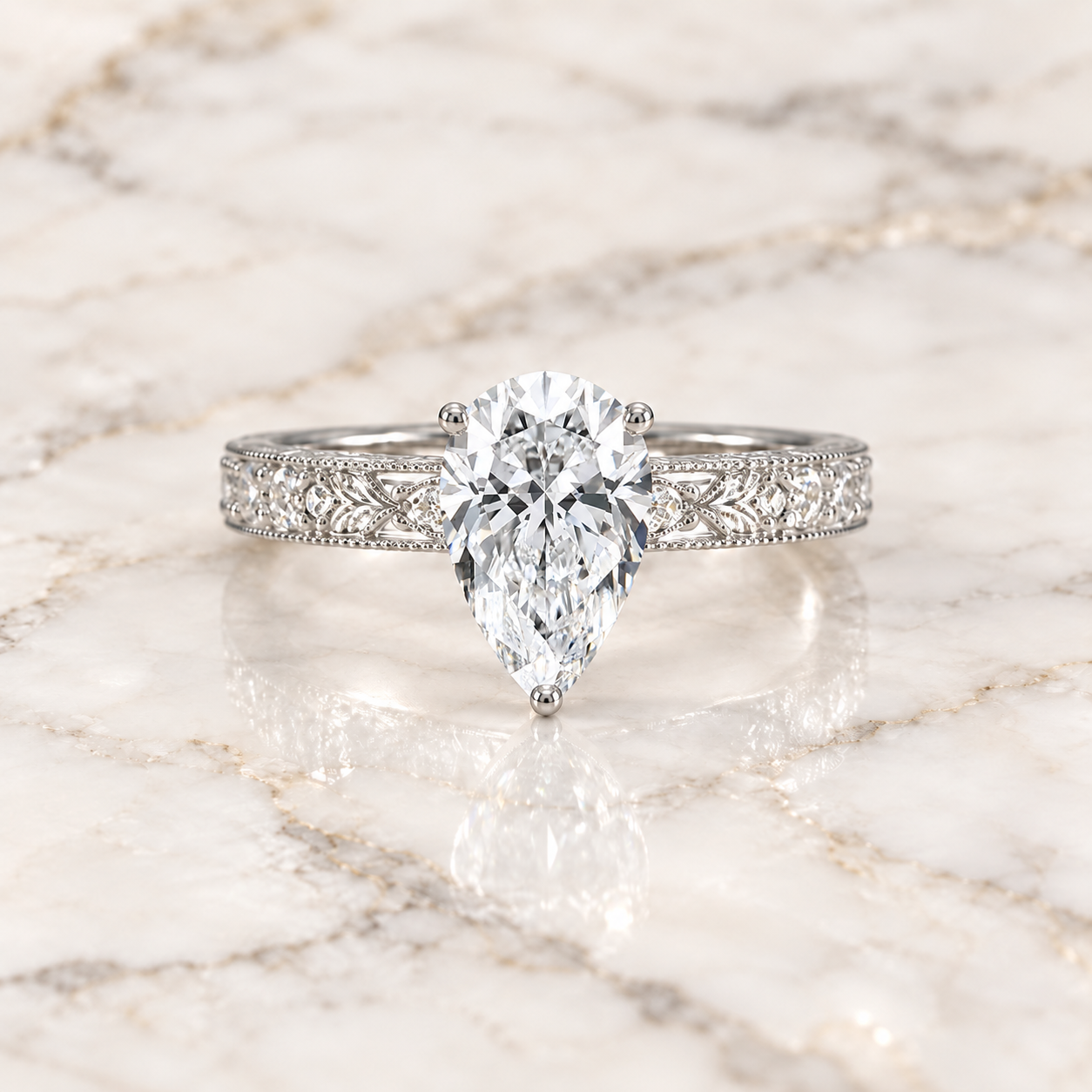 Vintage Lab Grown Diamond Engagement Ring Engraved 14K White Gold E VVS2, IGI Certified