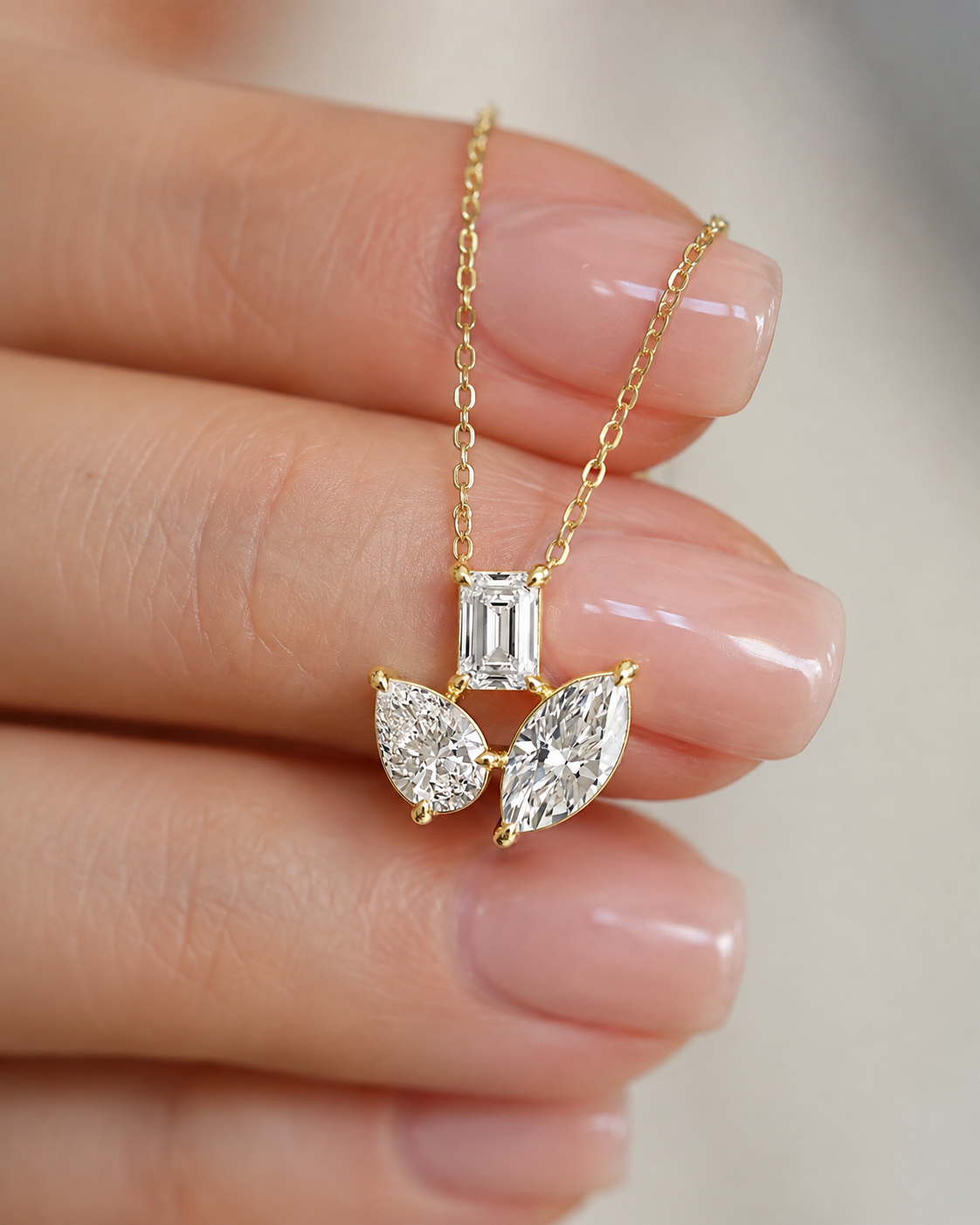 Multi-Shape Lab Grown Diamond Three Stone Pendant Fan Prong 14K Yellow Gold – 2.78ctw E VVS2