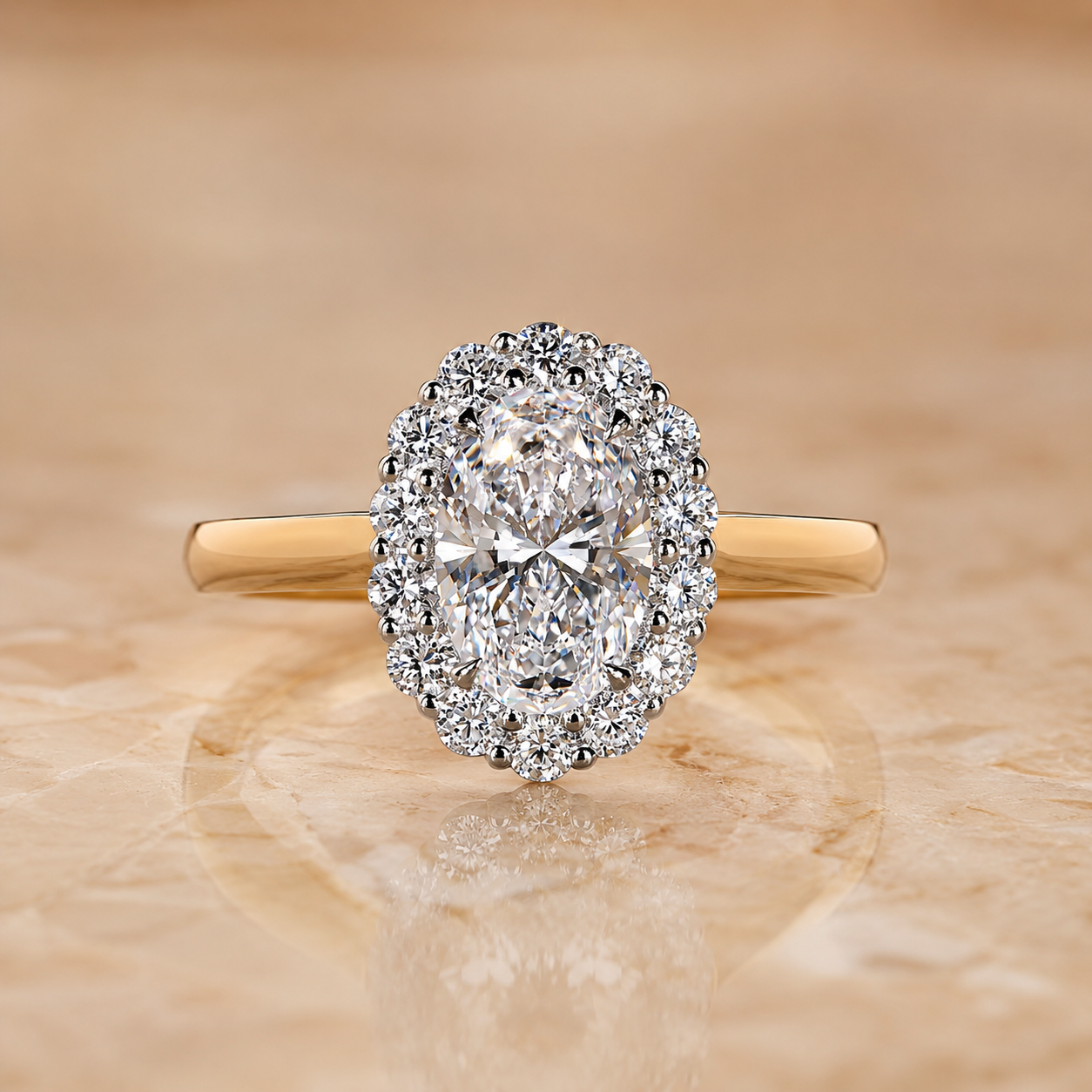 Oval Lab Grown Diamond Halo Engagement Ring Cathedral 14K Yellow Gold IGI Certified 2 Carat E VVS2