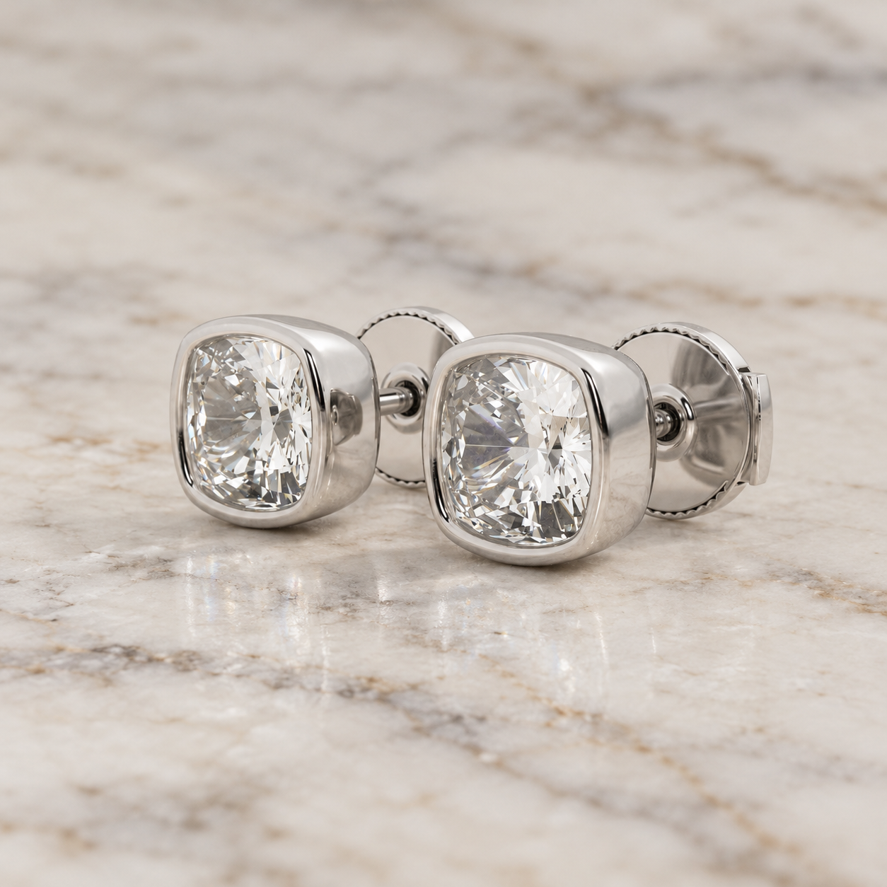 Cushion Lab Grown Diamond Stud Earrings Bezel Solitaire Platinum IGI Certified E VVS2