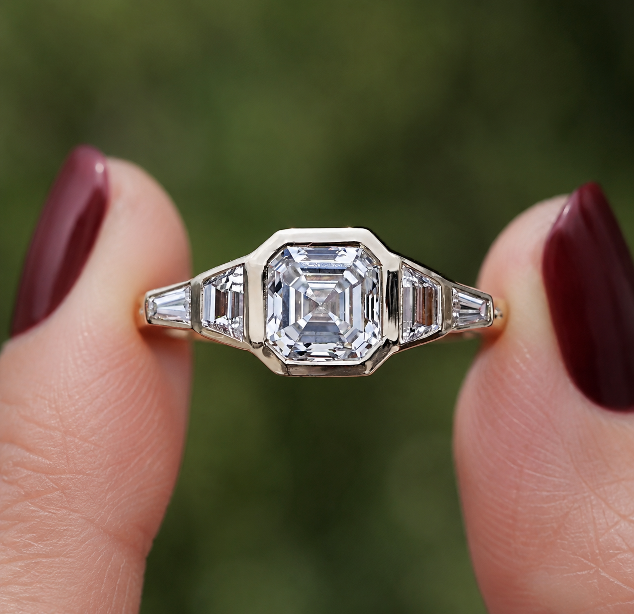 Asscher Lab Grown Diamond Engagement Ring – Five Stone Bezel 14K Gold – 2ct Art Deco Step Cut