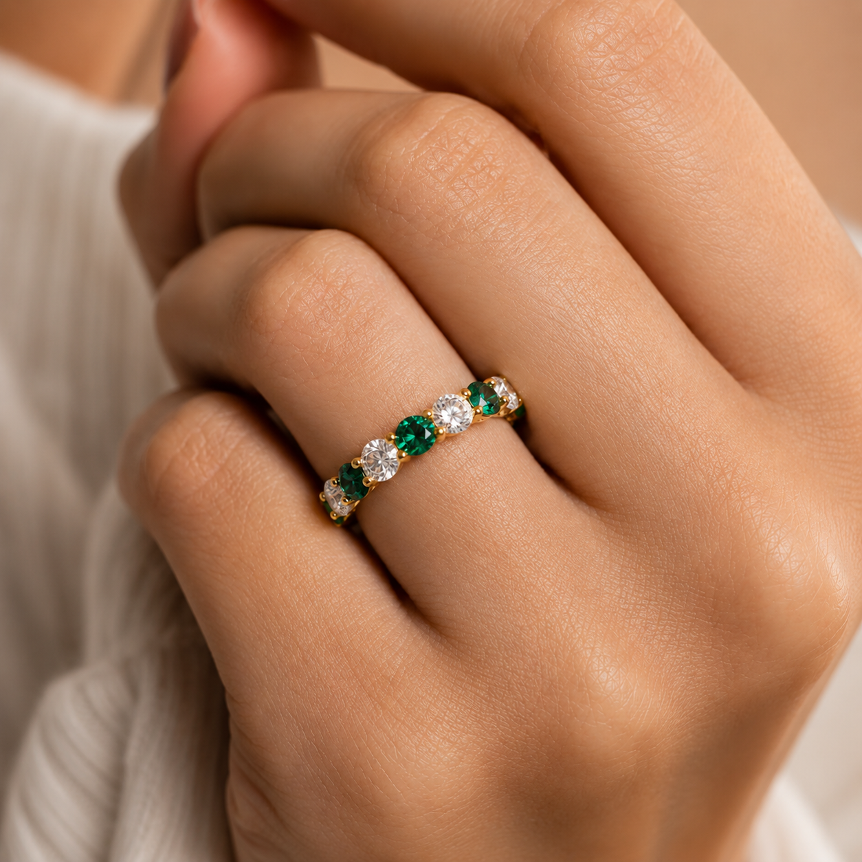 4ct Round Lab Grown Diamond & Emerald Eternity Band – 14K Gold, IGI Certified — view 4