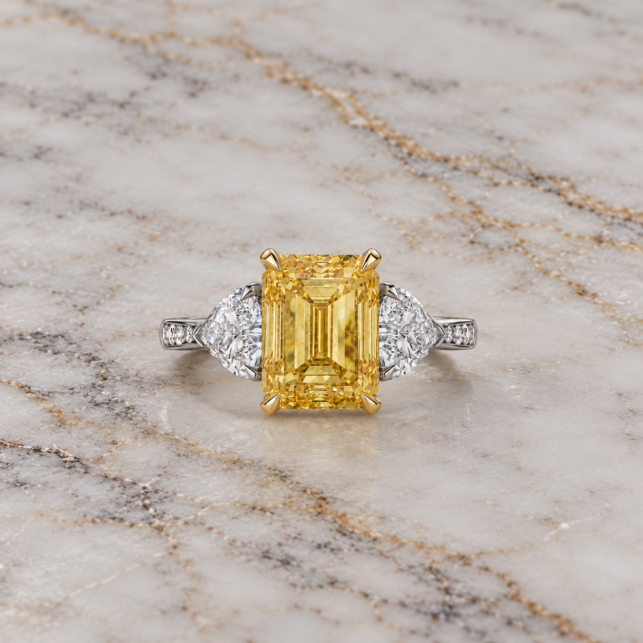 Yellow Lab Grown Diamond Engagement Ring Emerald Cut Three Stone Platinum IGI Certified Fancy Yellow