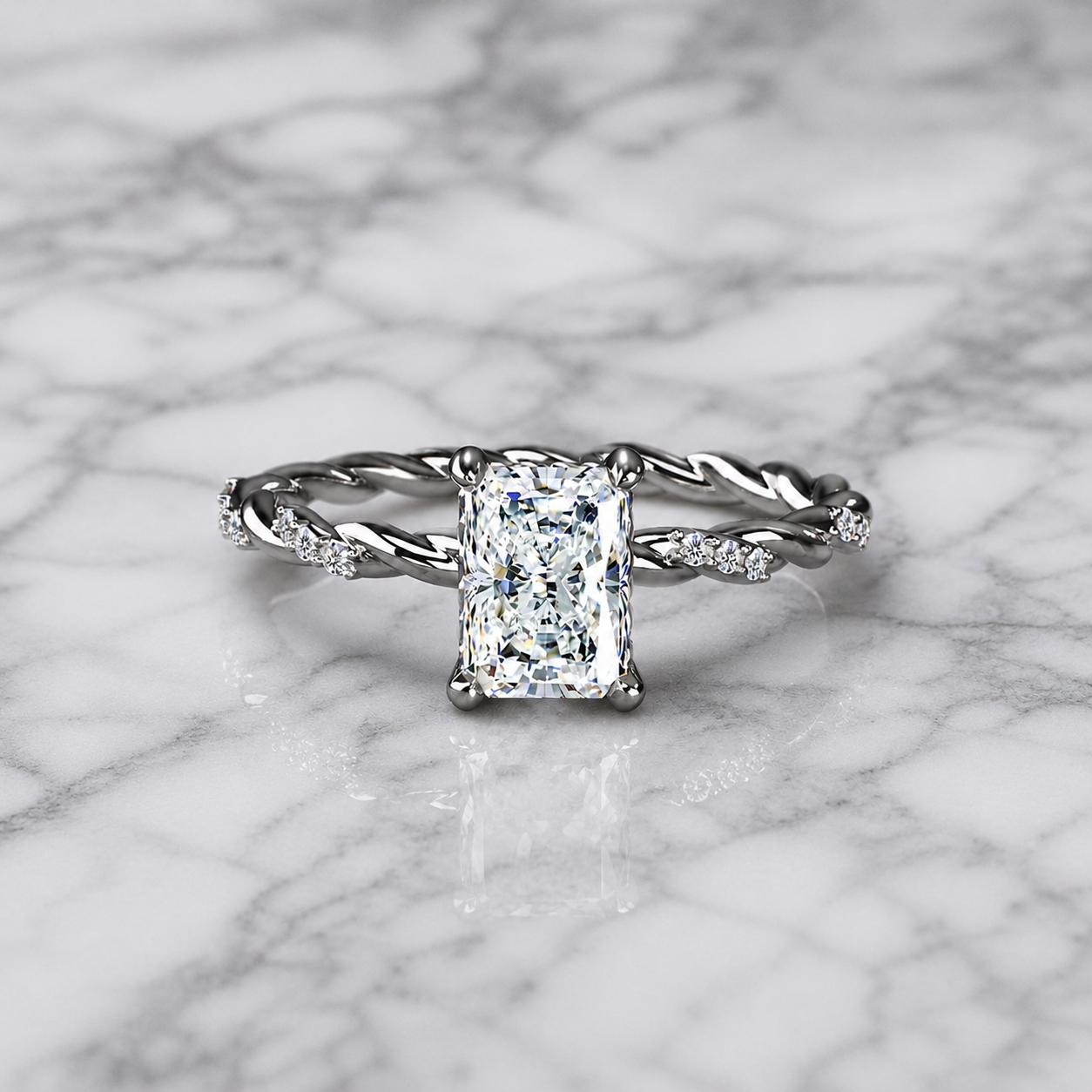 Radiant Lab Grown Diamond Engagement Ring – Twisted Pavé 14K White Gold – IGI Certified 1 Carat