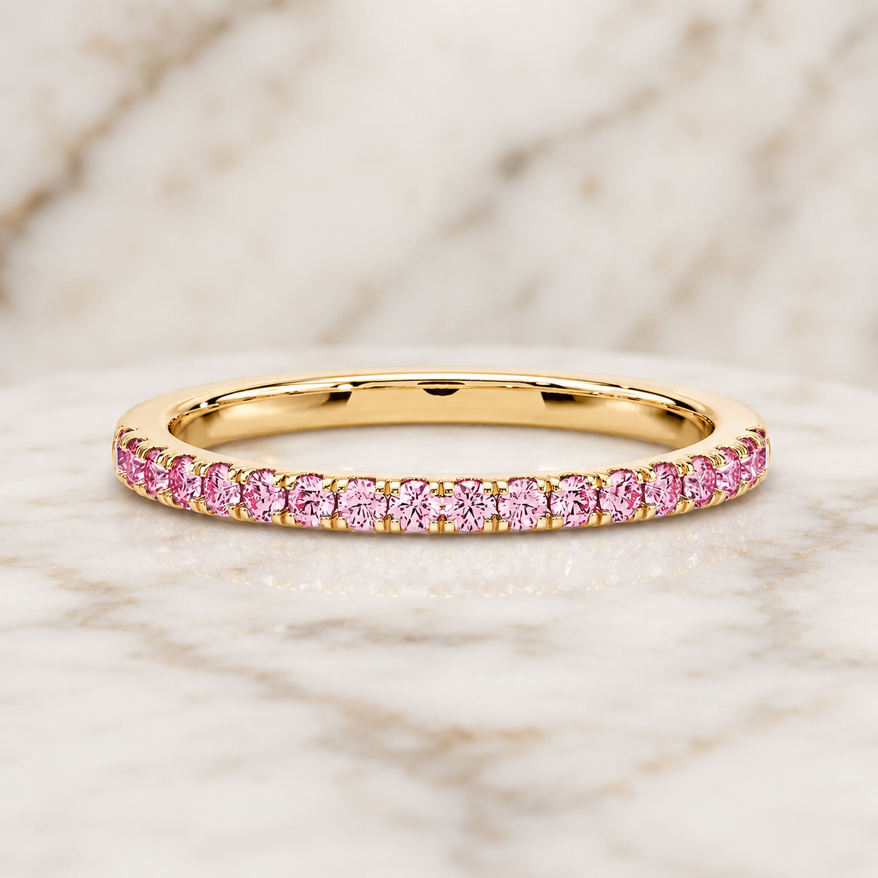 Pink Round Lab Grown Diamond Wedding Band Pave 14K Yellow Gold Stackable Ring for Her