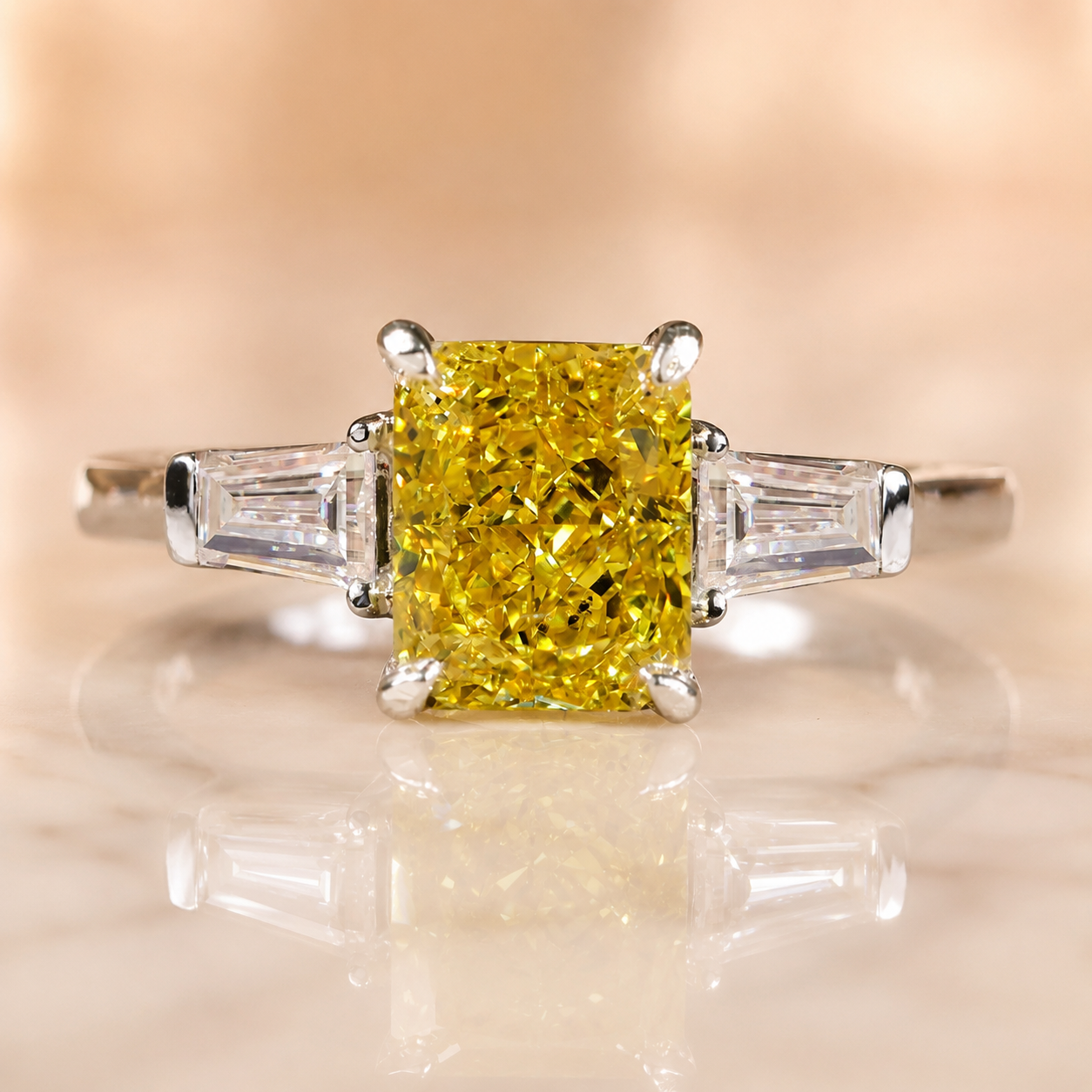 Vivid Yellow Radiant Lab Grown Diamond Engagement Ring Three Stone Baguette 14K White Gold IGI Certified 2ct
