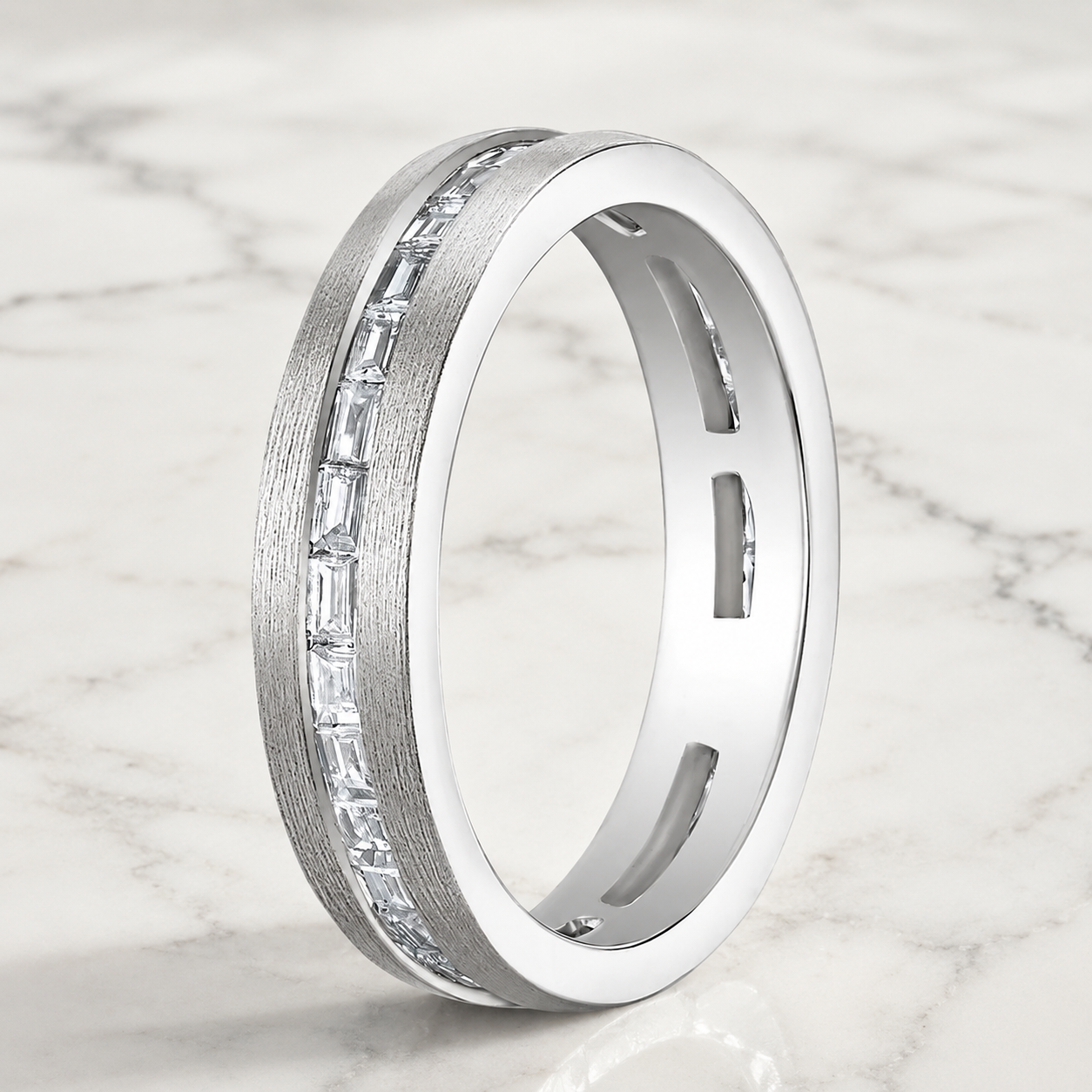 Baguette Lab Grown Diamond Wedding Band – Channel Set 14K White Gold – Brushed Finish Anniversary Ring