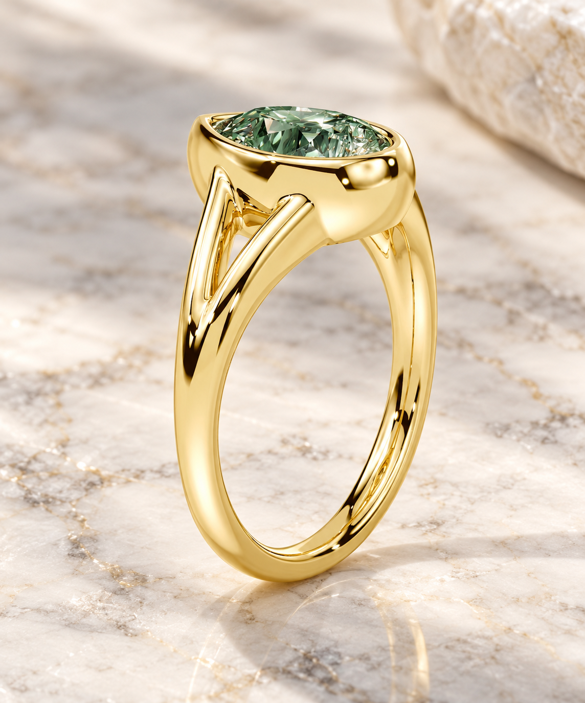 Pear Green Lab Diamond Engagement Ring, 14K Yellow Gold Bezel Split Shank