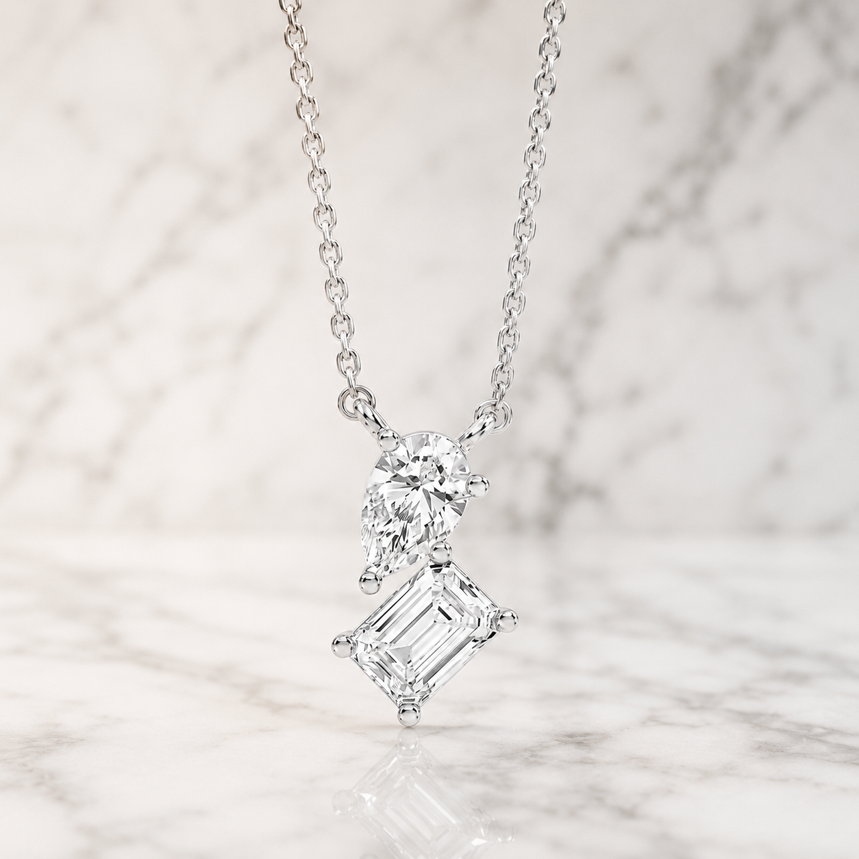 Emerald & Pear Lab Grown Diamond Pendant Necklace Two Stone 14K White Gold E VVS2 1ct