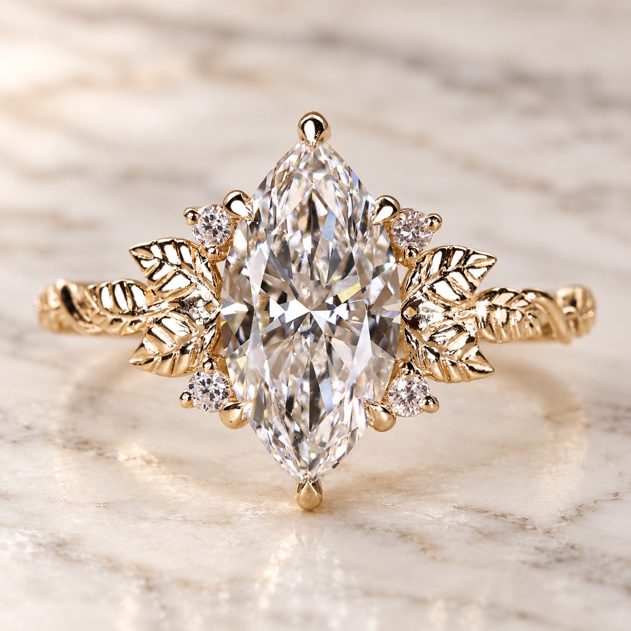 Marquise Lab Grown Diamond Engagement Ring Nature-Inspired Five Stone 14K Yellow Gold IGI Certified