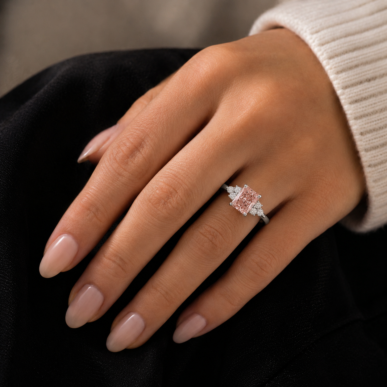 Fancy Vivid Pink Radiant Lab Grown Diamond Engagement Ring Three Stone 18K White Gold  IGI Certified 3.30 Carat