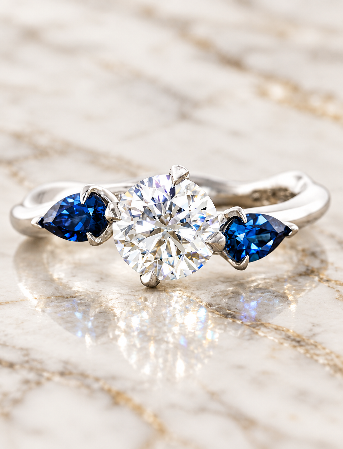 Round Lab Grown Diamond Engagement Ring Three Stone Pear Sapphire 14K White Gold E VVS2 Nature-Inspired