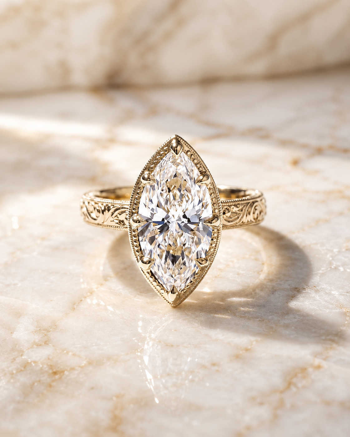 Marquise Lab Grown Diamond Engagement Ring Hand-Engraved Vintage Solitaire 14K Yellow Gold IGI Certified 3ct