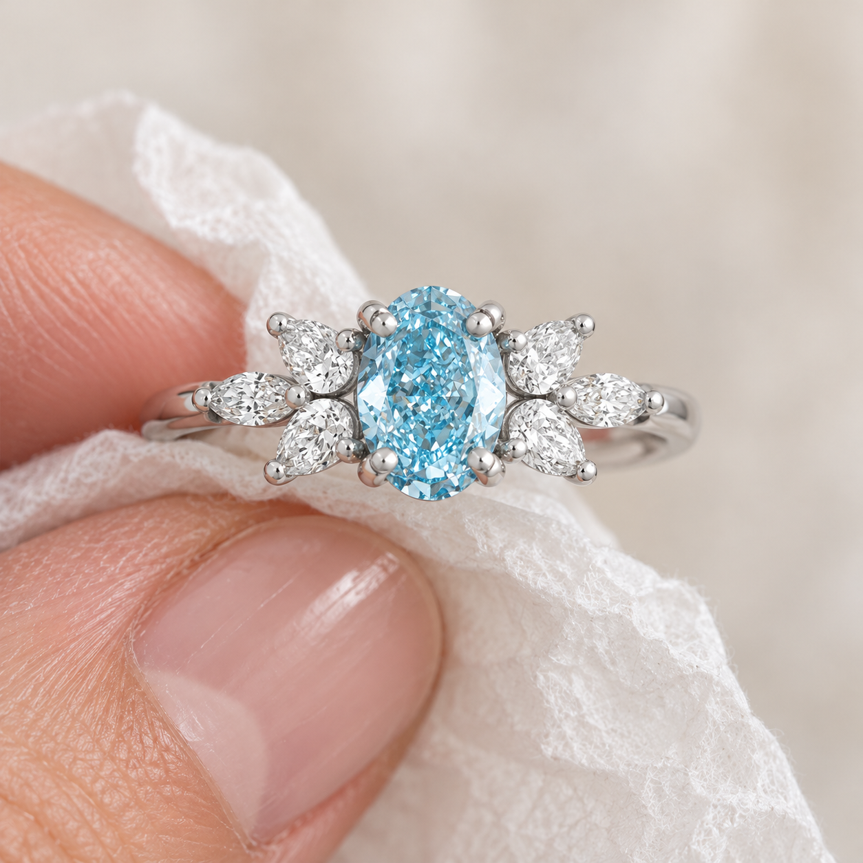 Blue Oval Lab Grown Diamond Floral Ring Four-Prong Petal Halo Platinum 950 VVS2