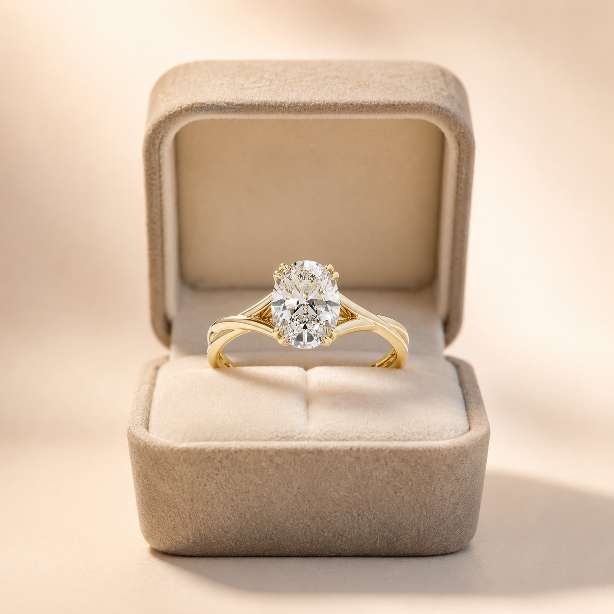 Oval Lab Grown Diamond Engagement Ring Solitaire Basket 14K Yellow Gold IGI Certified 2ct Twisted Shank
