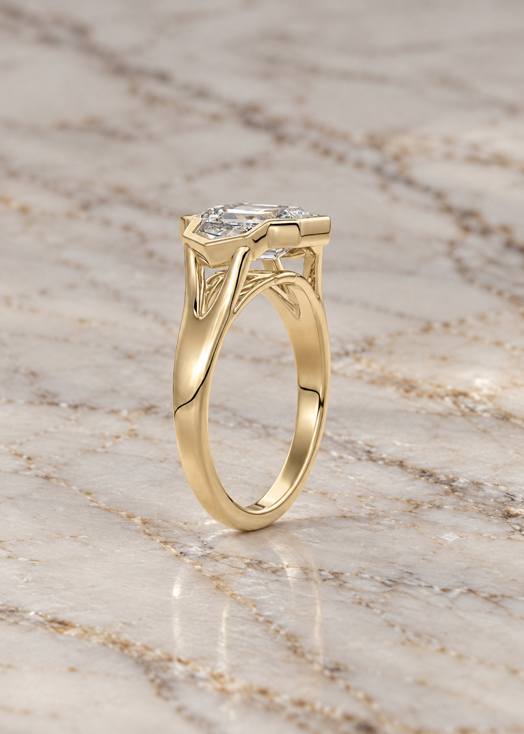 Emerald Cut Lab Grown Diamond Engagement Ring Three Stone Bezel 14K Rose Gold Cadillac Side Stones