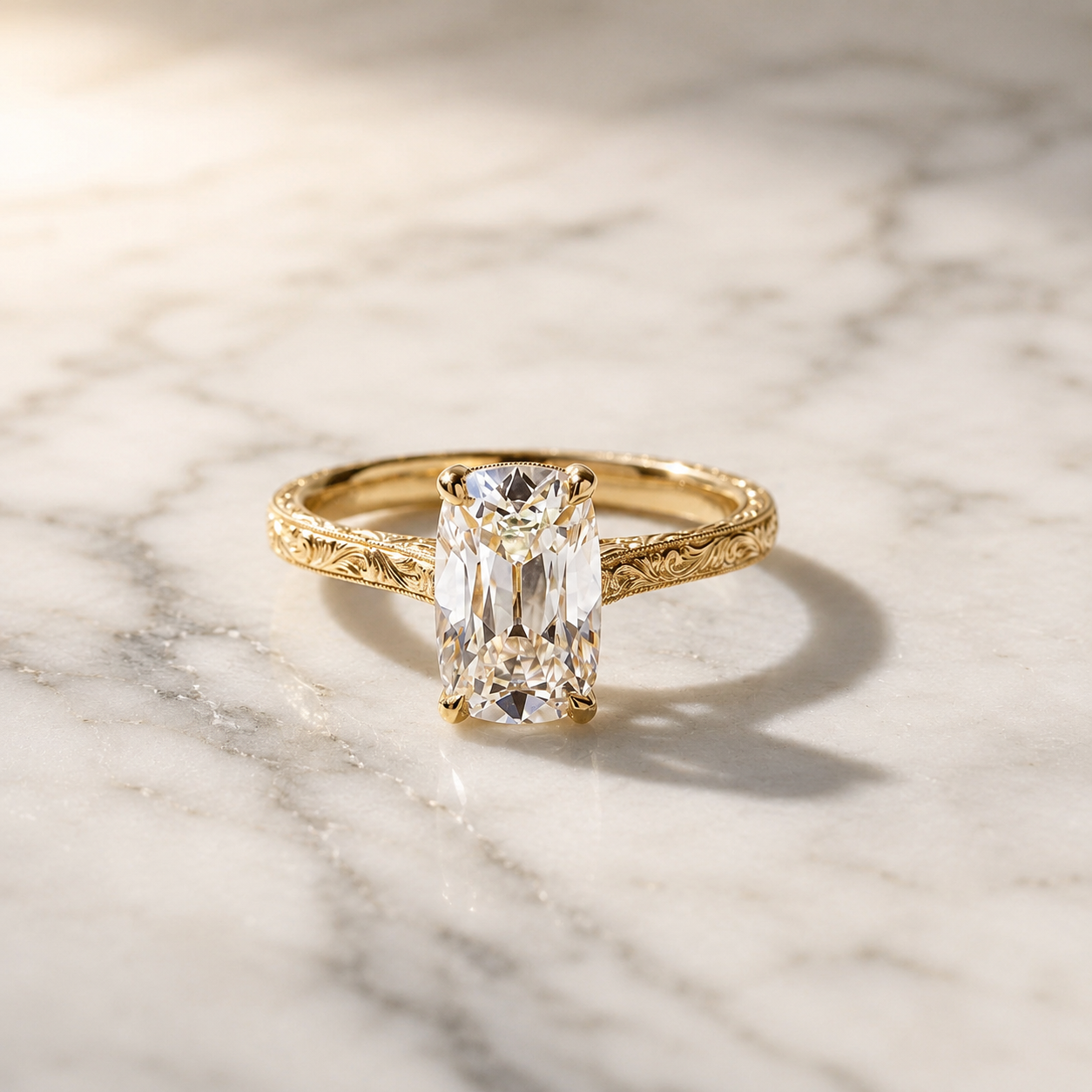 Cushion Lab Grown Diamond Engagement Ring – Vintage Solitaire 14K Yellow Gold – IGI Certified 2ct VVS2 E