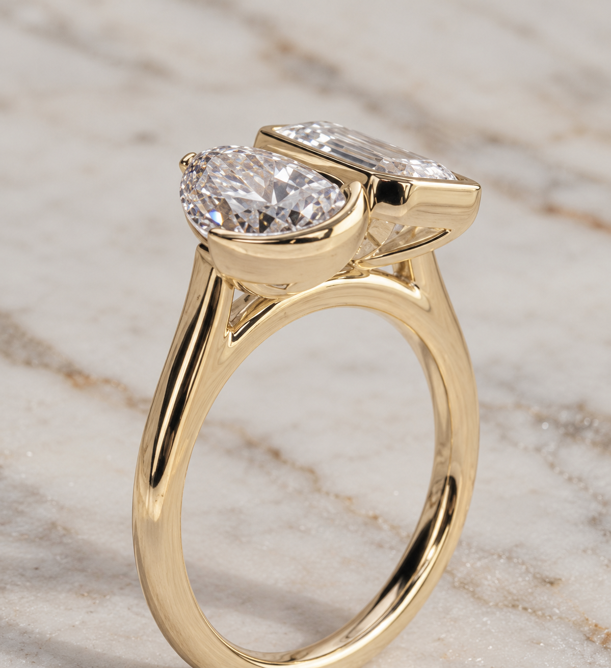 Pear & Emerald Cut Lab Grown Diamond Engagement Ring Toi et Moi 14K Yellow Gold Bezel Cathedral Setting