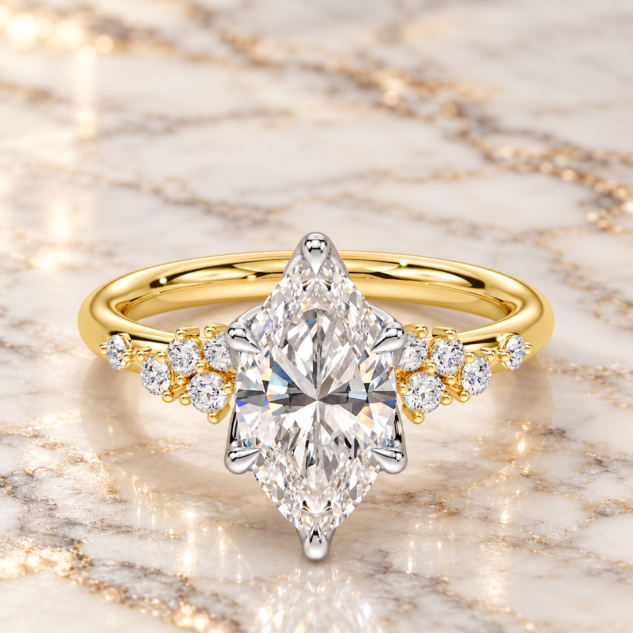 Marquise Lab Grown Diamond Engagement Ring Cluster Two Tone 14K Yellow Gold IGI Certified