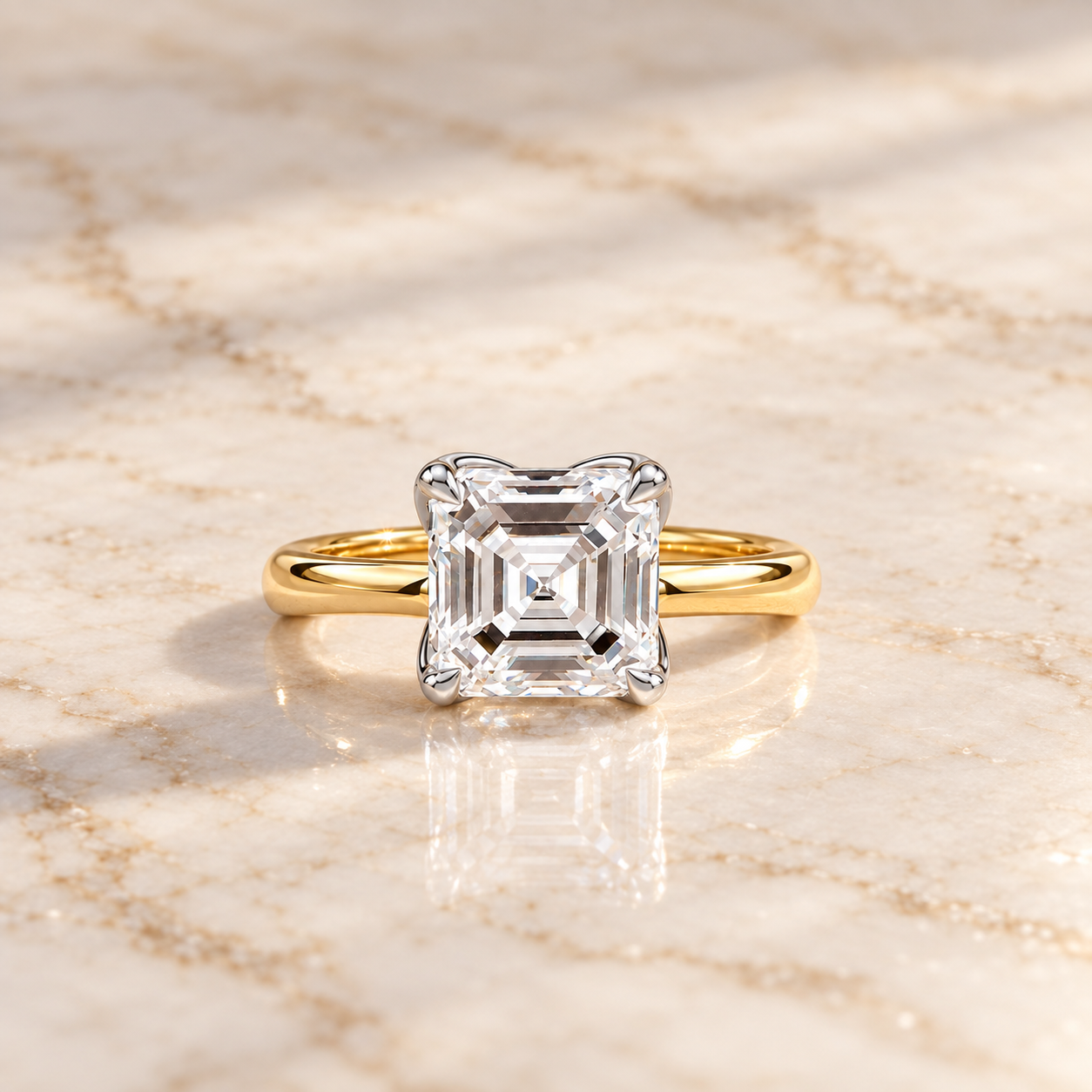 Asscher Lab Grown Diamond Engagement Ring Solitaire Two-Tone 14K Yellow Gold Tulip Prong Setting