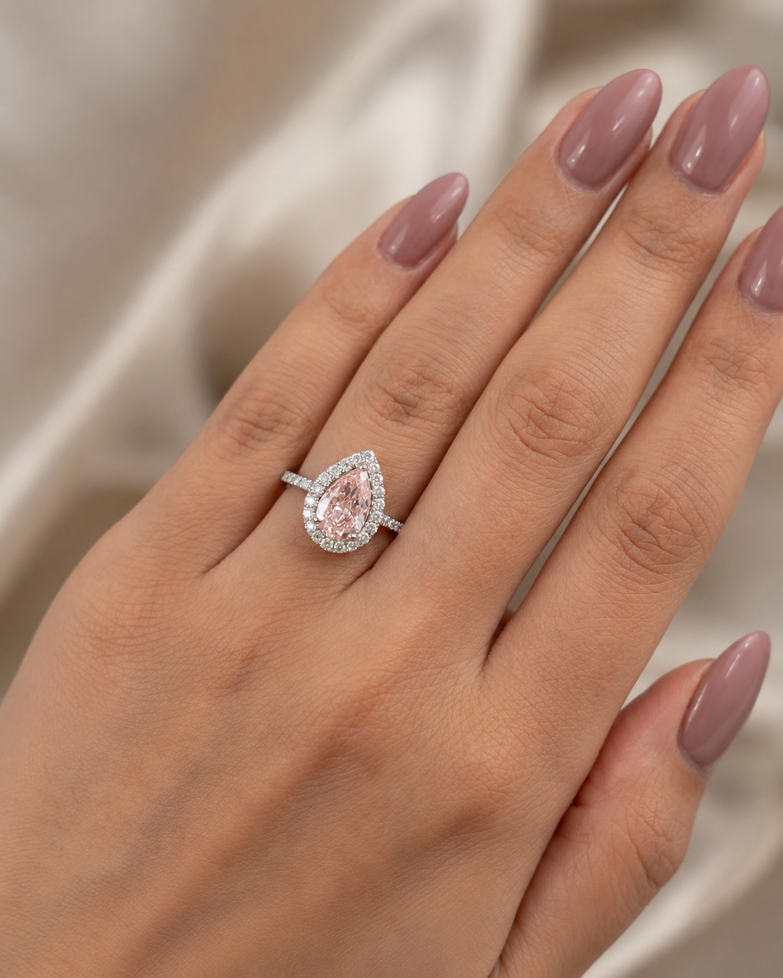 Pink Pear Lab Grown Diamond Engagement Ring Halo 18K White Gold IGI Certified 2ct Fancy Intense
