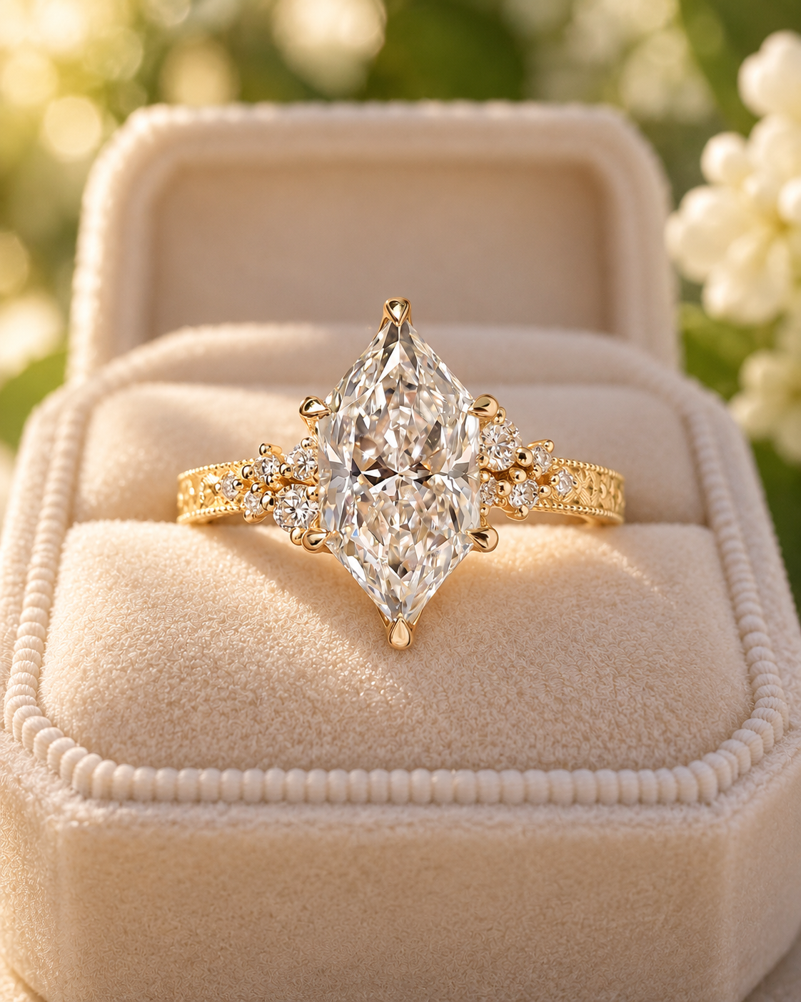 Marquise Lab Grown Diamond Engagement Ring Vintage Tulip 14K Yellow Gold IGI Certified