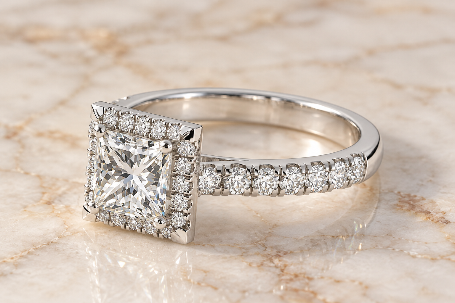 Princess Lab Grown Diamond Engagement Ring Cathedral Halo 14K White Gold Pave Band
