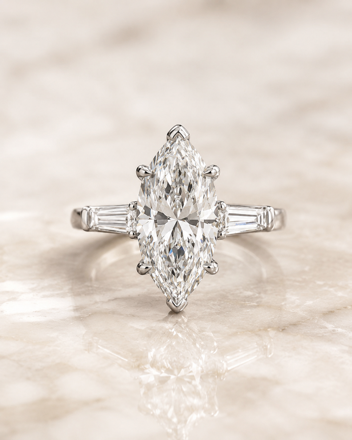 Marquise Lab Grown Diamond Engagement Ring Three Stone 14K White Gold Tapered Baguette, E VVS2