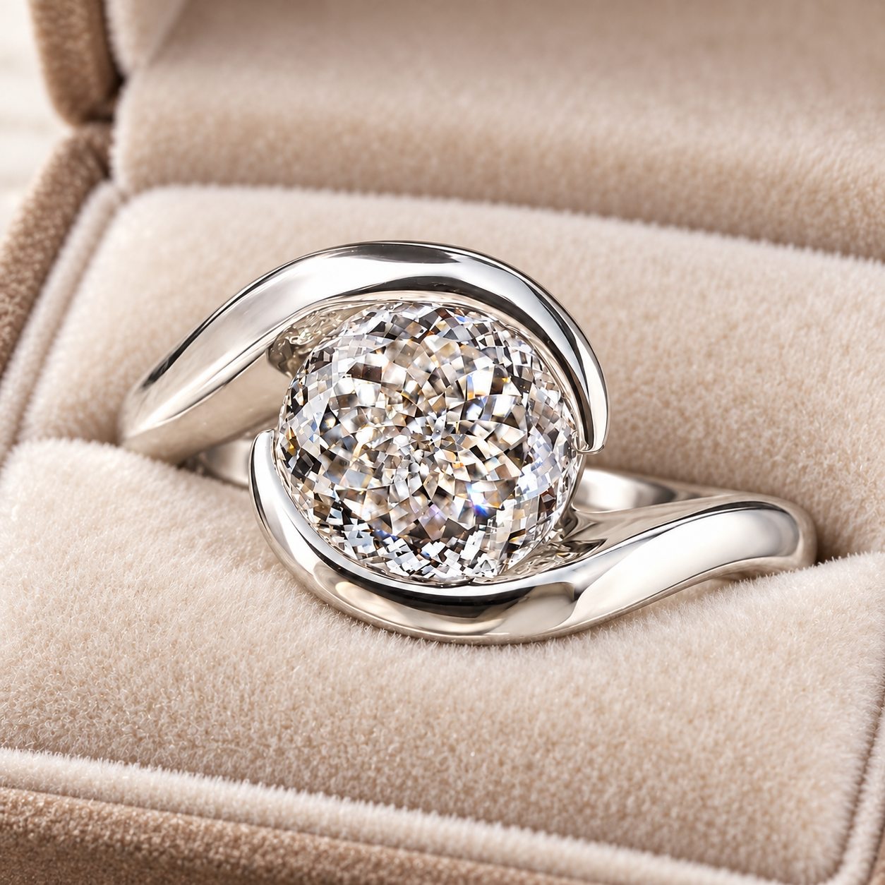 Portuguese Cut Lab Grown Diamond Engagement Ring Half Bezel Bypass 14K White Gold IGI Certified 1 Carat