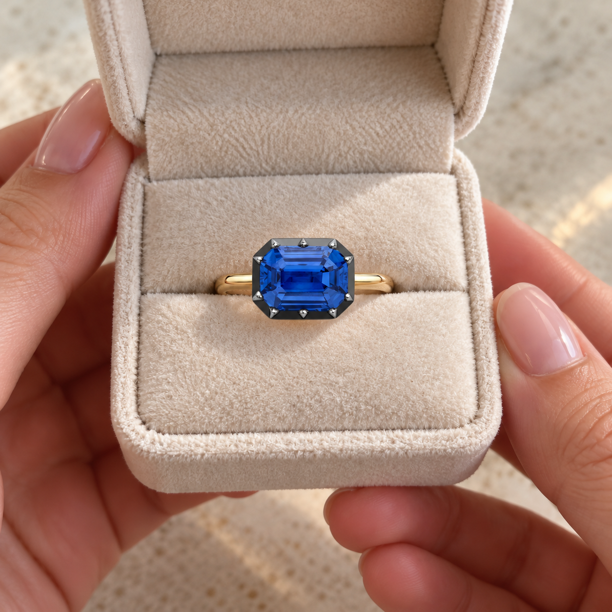 Blue Emerald Cut Sapphire East-West Ring Button Back 18K Yellow Gold Solitaire