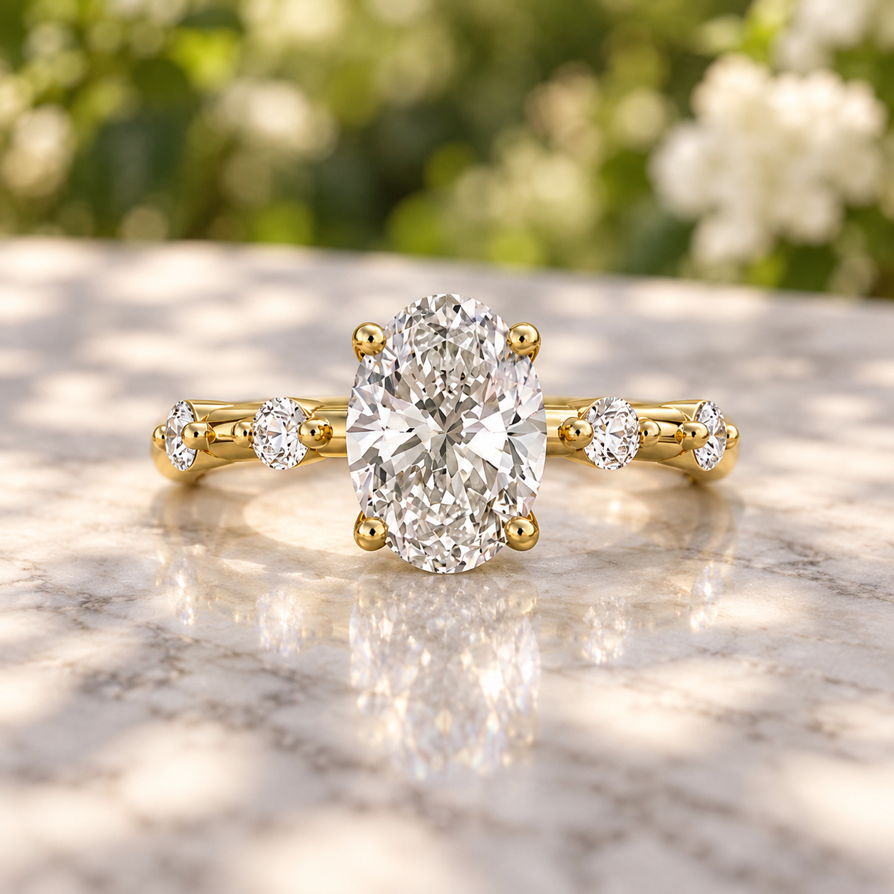 Oval Lab Grown Diamond Engagement Ring Shared Prong Accents 14K Yellow Gold IGI Certified