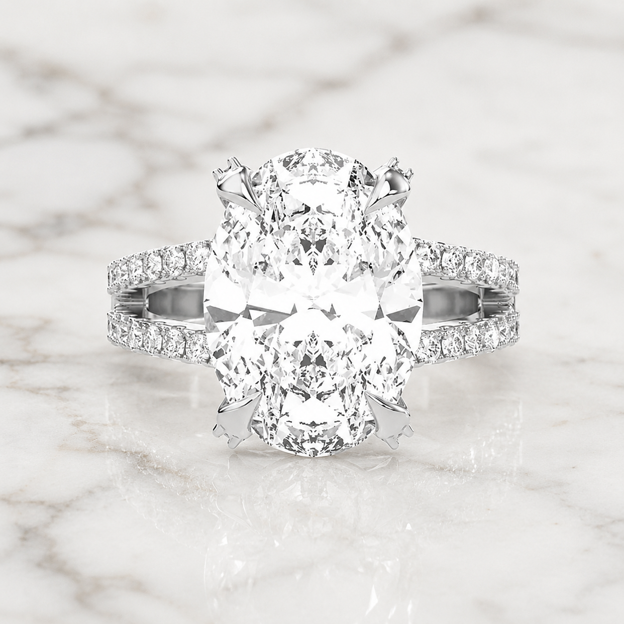 Oval Lab Grown Diamond Engagement Ring Split Shank Pavé 14K White Gold IGI Certified 4 Carat E VVS2