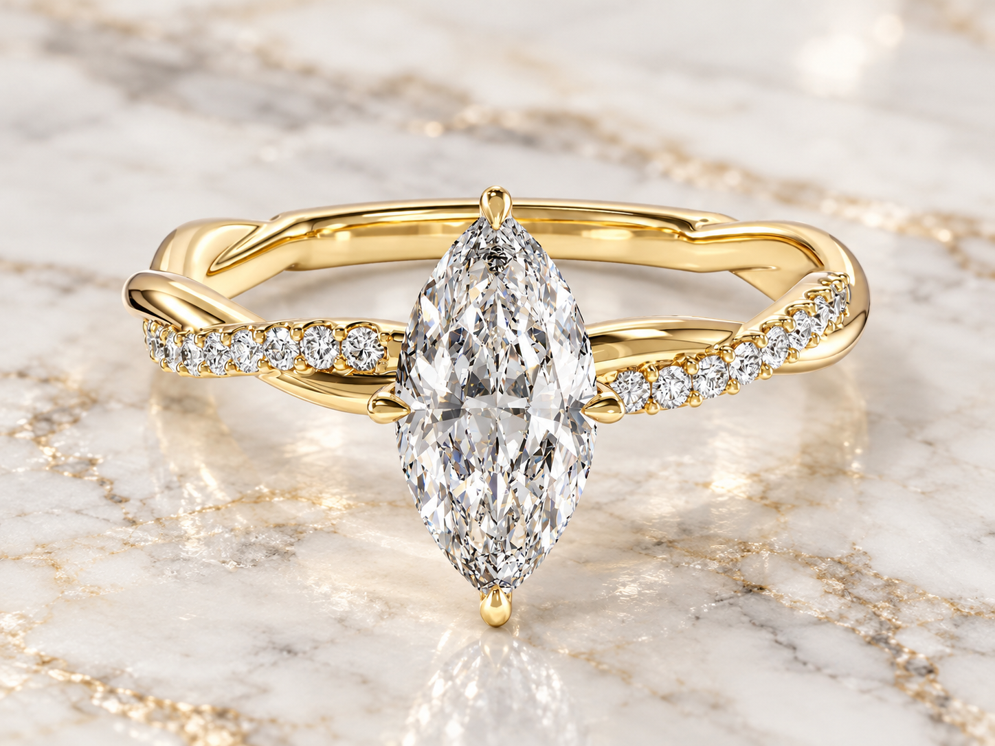 Marquise Lab Diamond Engagement Ring Twisted Vine Pave Band 14K Yellow Gold Solitaire