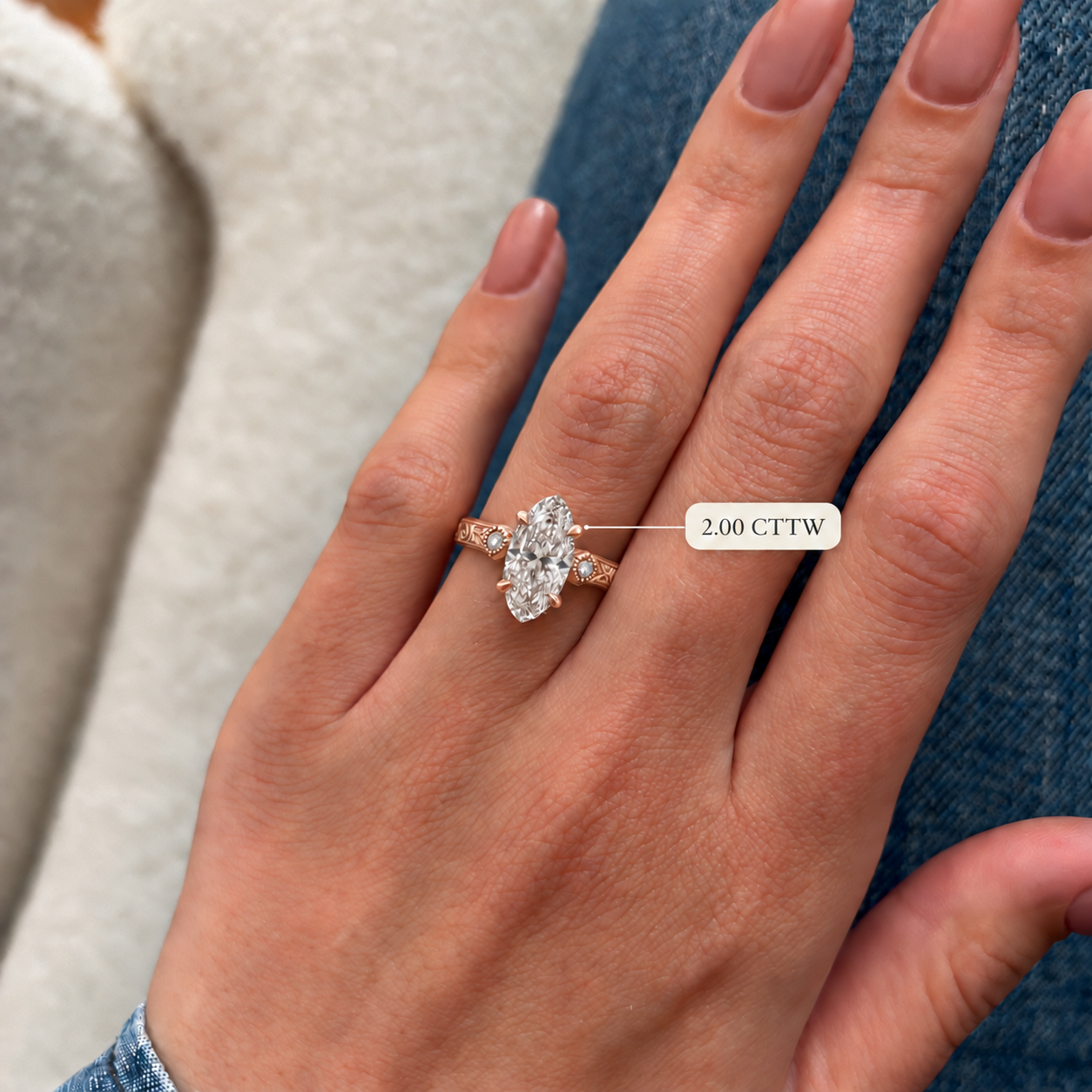 Moval Lab-Grown Diamond Engagement Ring: 14K Rose Gold, Hand-Engraved Vintage Style (IGI Certified)