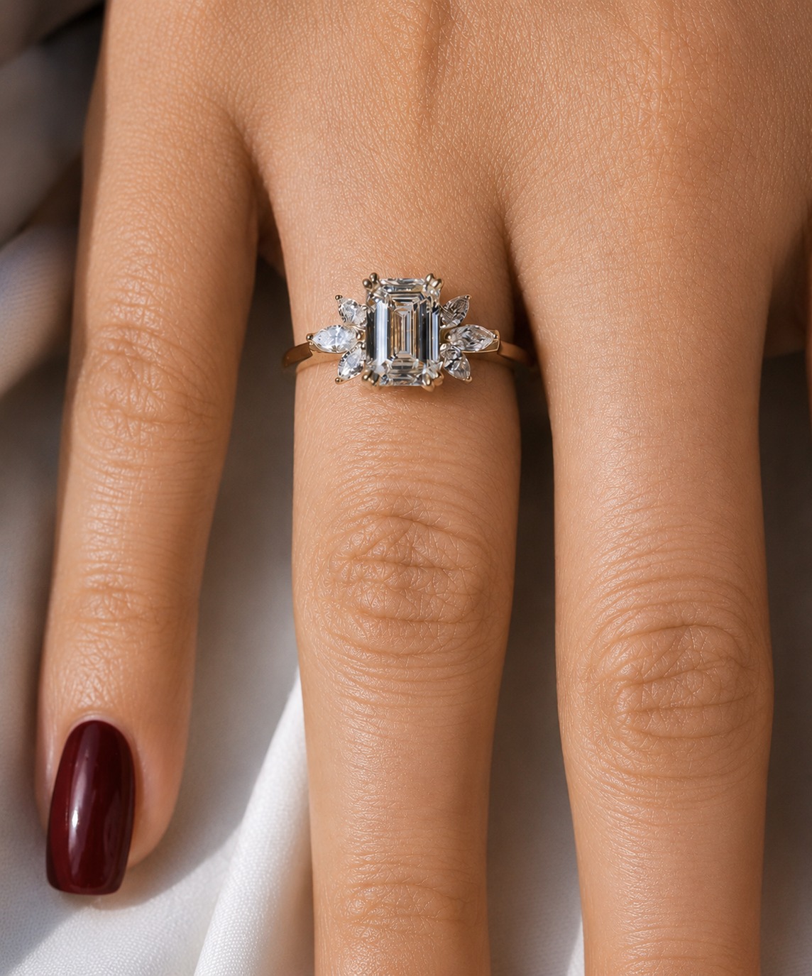 Emerald Cut Lab Grown Diamond Engagement Ring Marquise Halo 14K Yellow Gold – 1.5 Carat