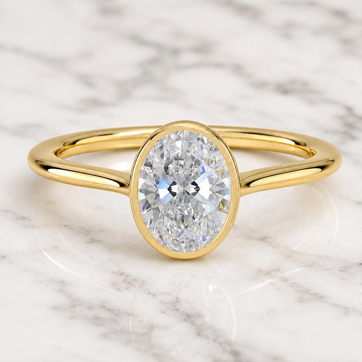 Oval Lab Grown Diamond Engagement Ring Bezel Solitaire 14K Yellow Gold E Color, IGI Certified