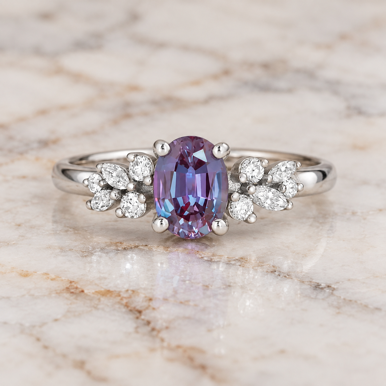 Oval Lab Grown Alexandrite Engagement Ring Floral Diamond Halo Platinum Color Change Gemstone Ring