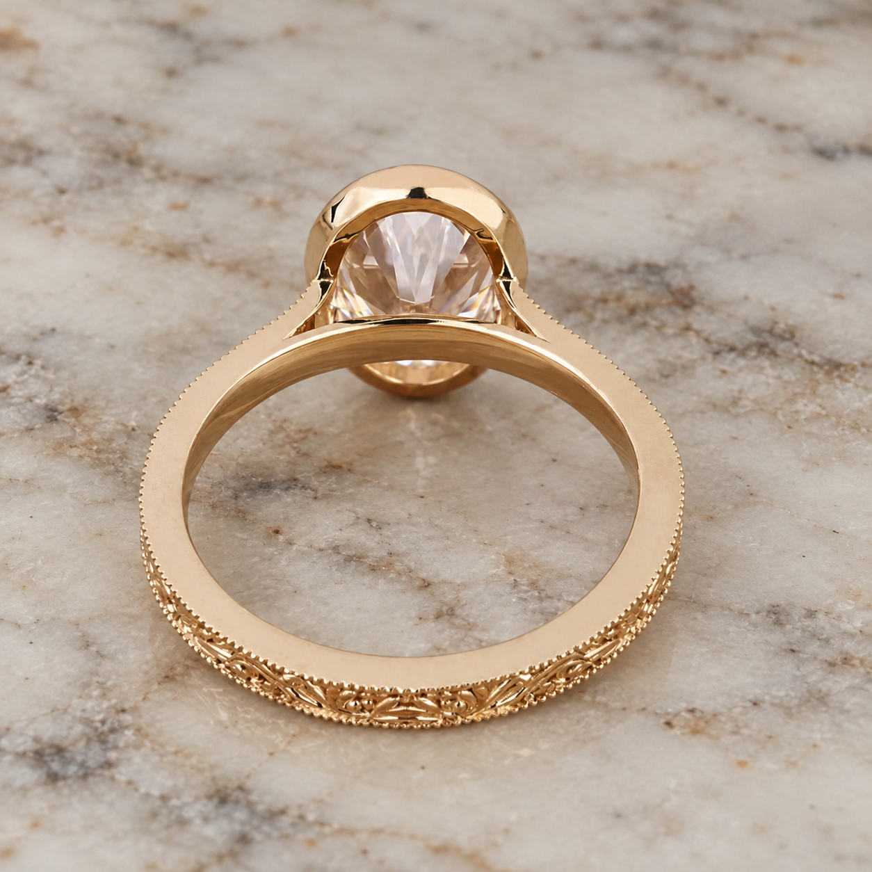 Oval Lab Grown Diamond Engagement Ring Art Deco Bezel 14K Yellow Gold IGI Certified E VVS2