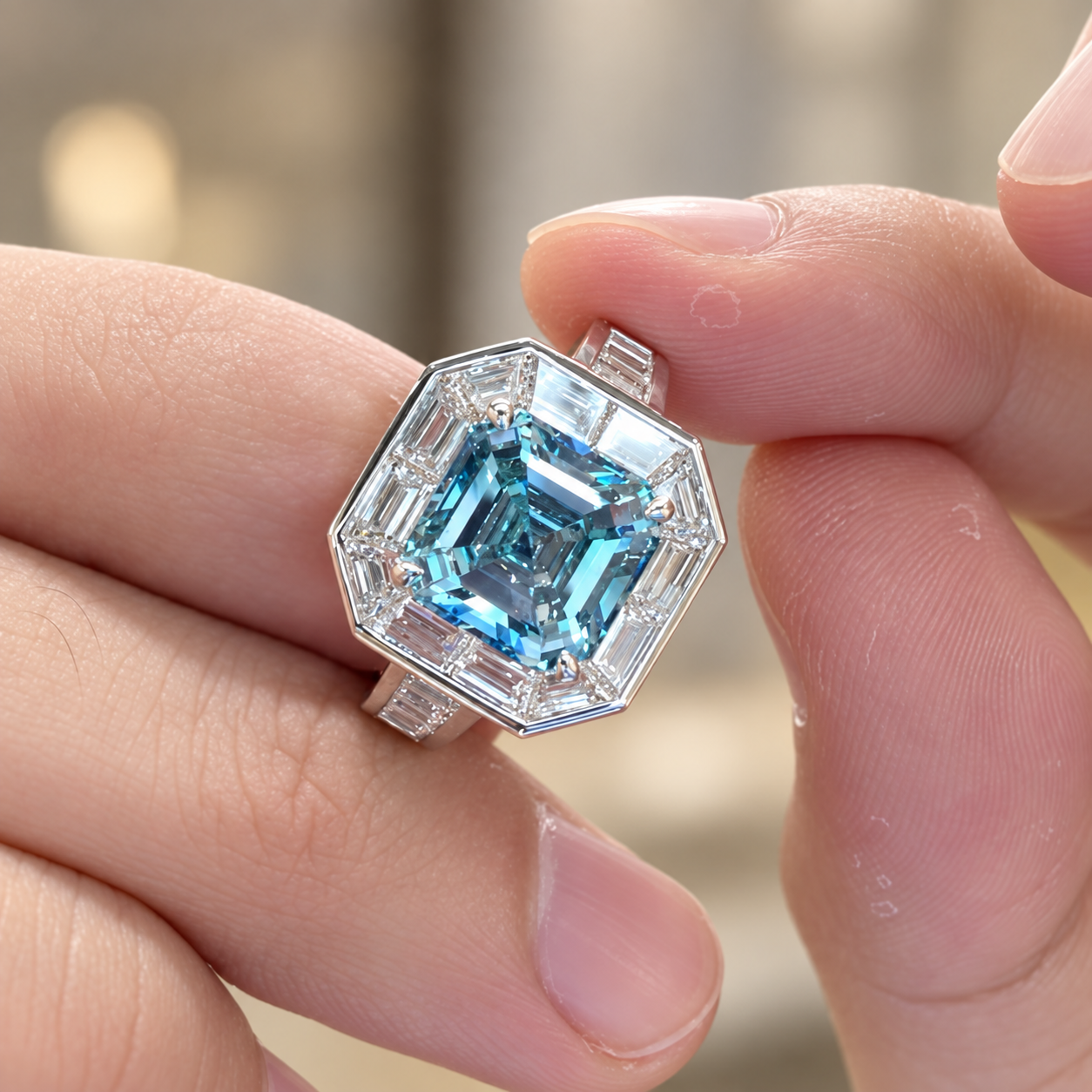 Blue Asscher Cut Lab Grown Diamond Engagement Ring Baguette Halo 14K White Gold Vintage-Inspired Setting