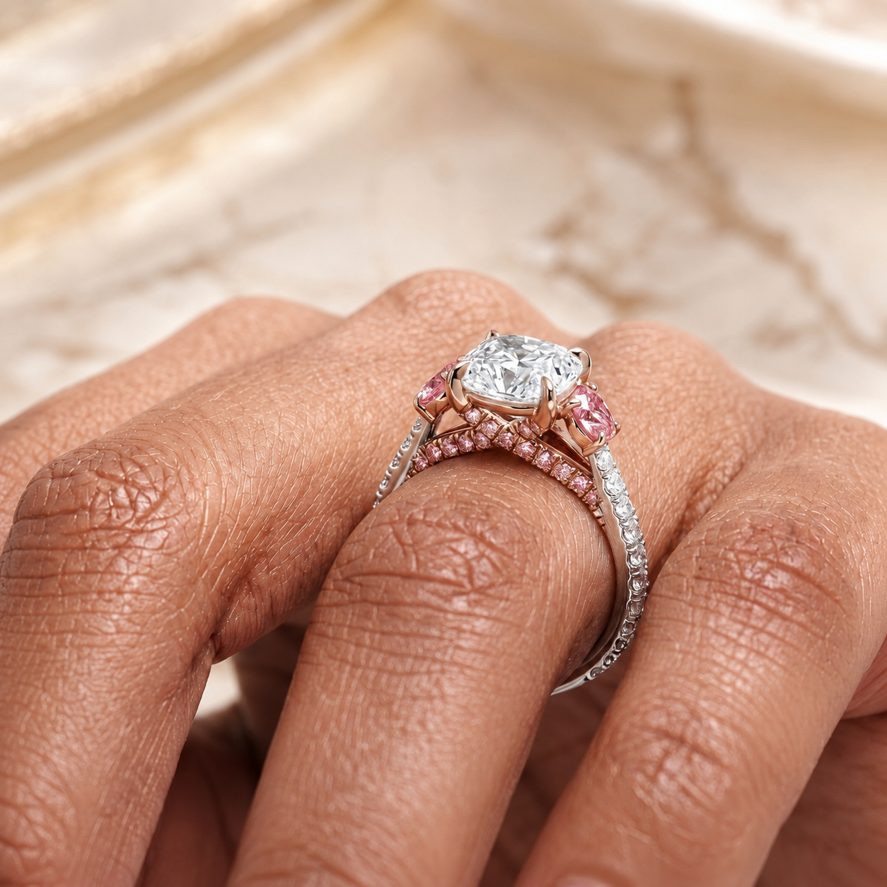 Round Lab Grown Diamond Engagement Ring Three Stone 14K Rose Gold Pink Diamond Side Stones