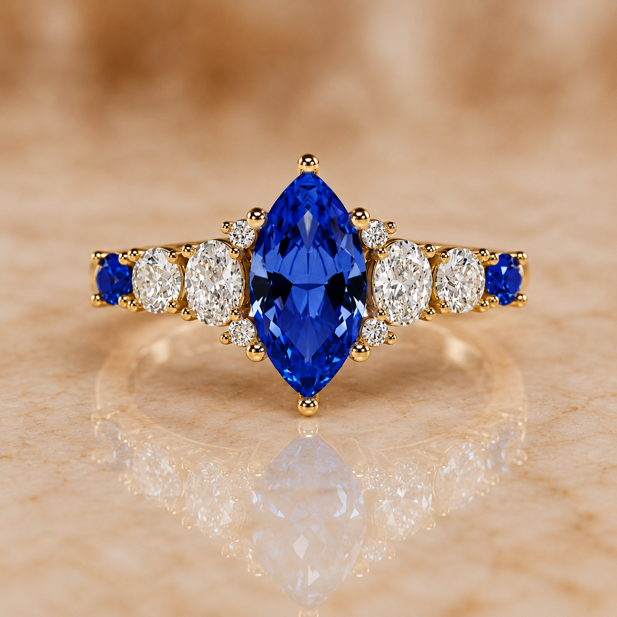 Marquise Lab Grown Blue Sapphire Engagement Ring Diamond Accent Band 14K Yellow Gold IGI Certified