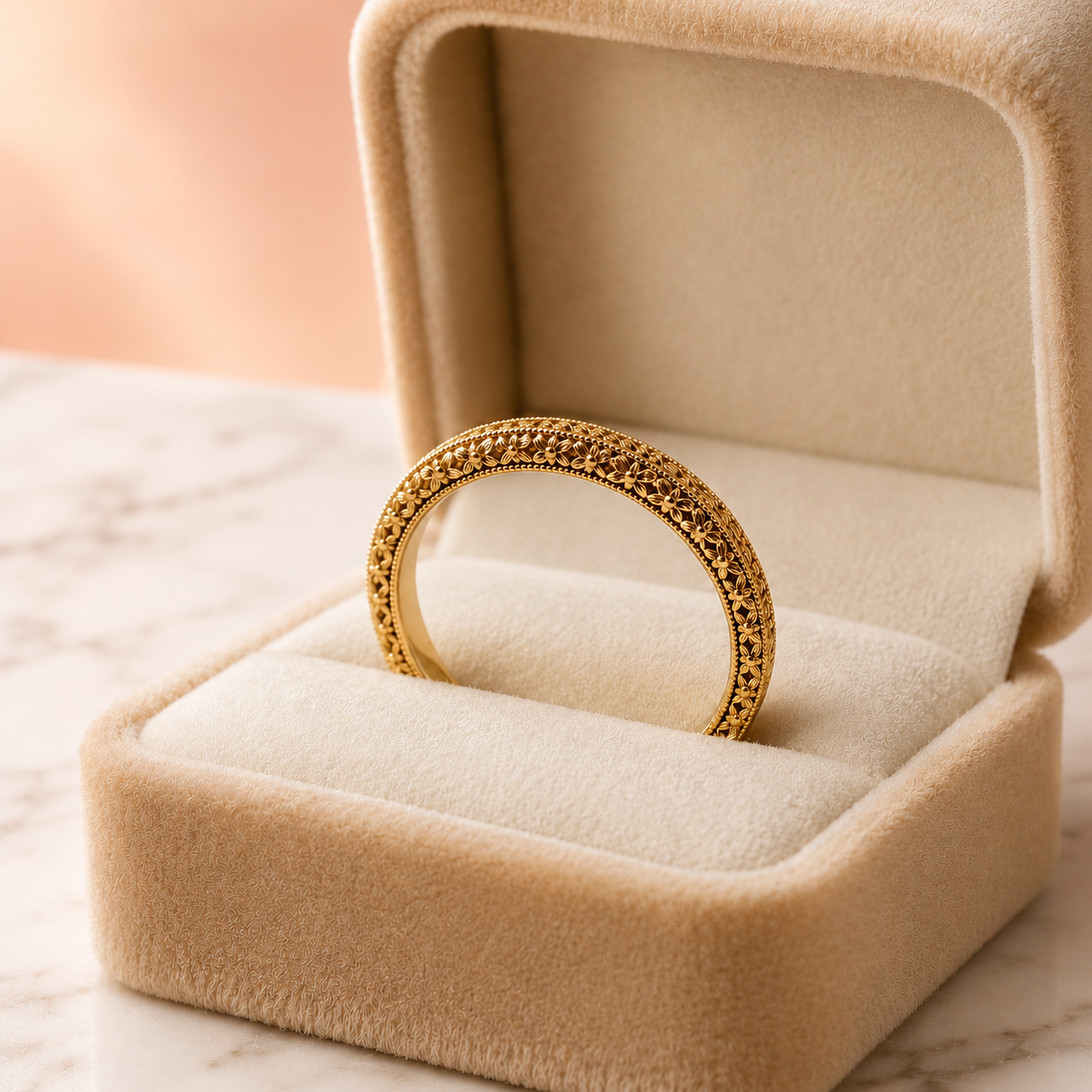 Vintage Floral Milgrain Wedding Band – 14K Gold Eternity Ring