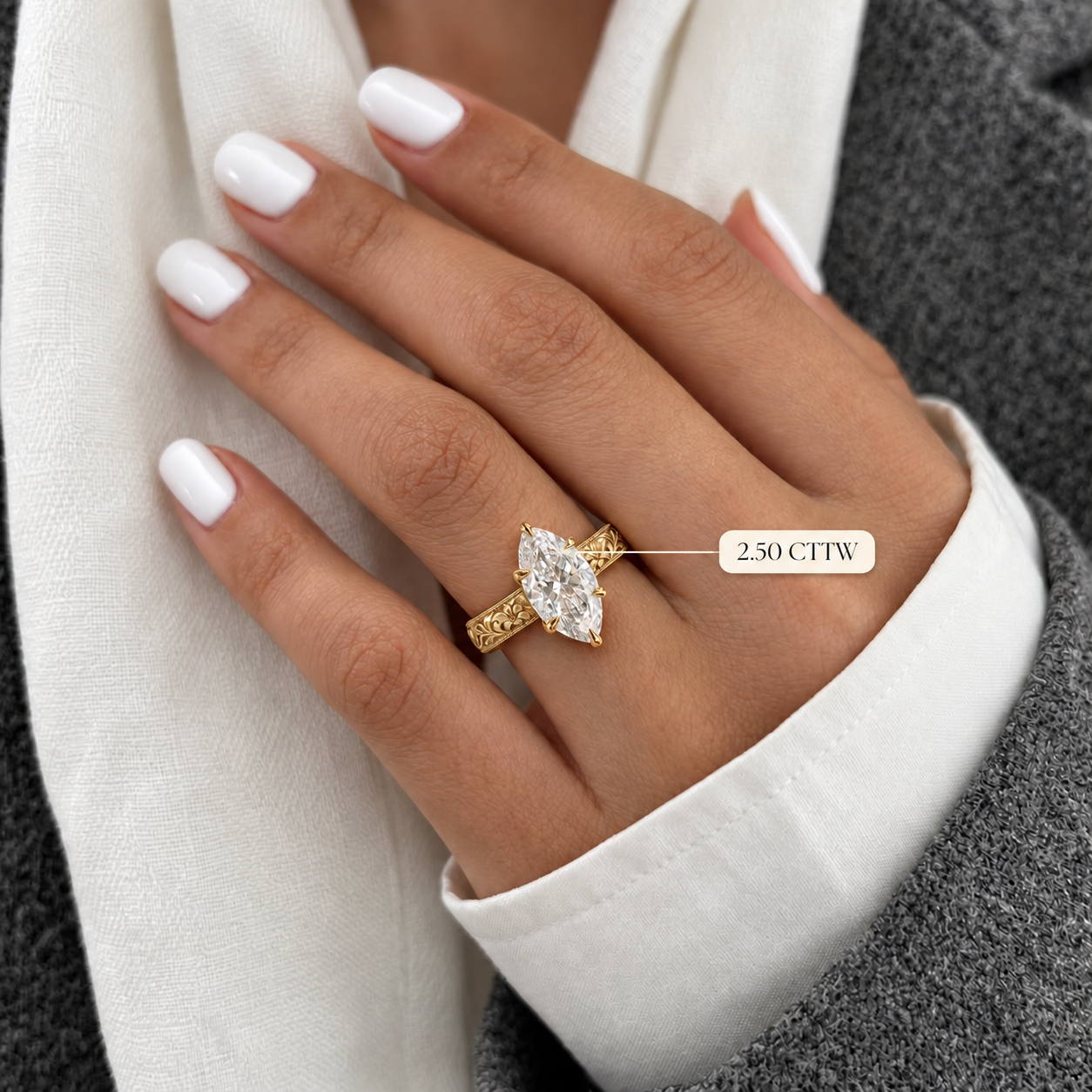 Marquise Lab Grown Diamond Engagement Ring, 14K Yellow Gold Floral Band (IGI Certified)