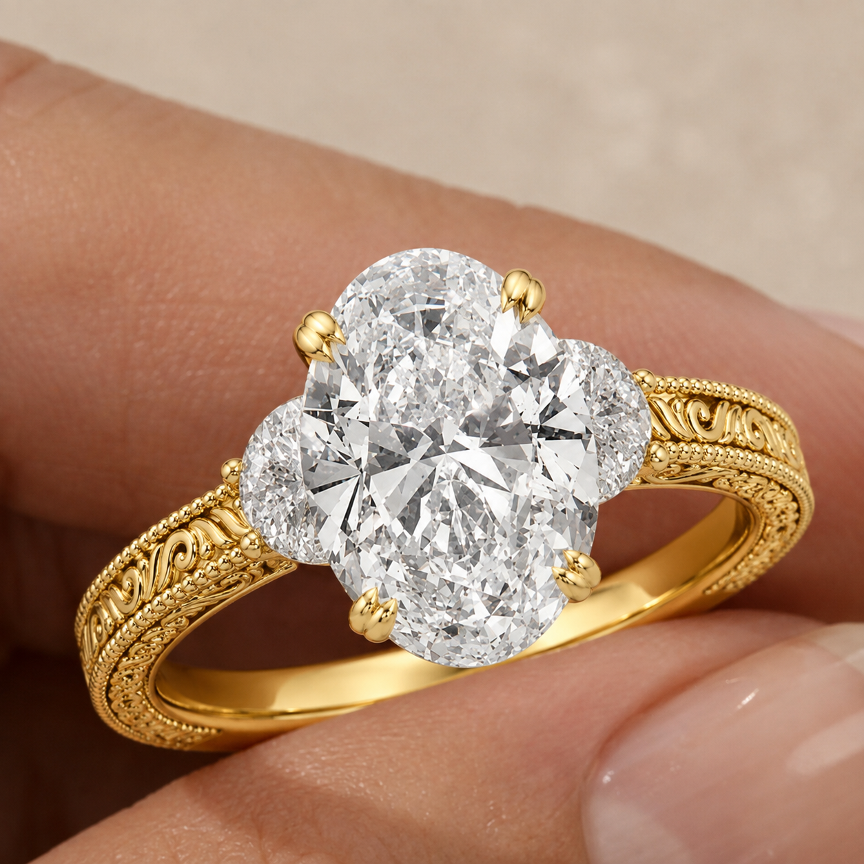 Oval Lab Grown Diamond Three Stone Ring Vintage 14K White Gold Half-Moon Side Stones, E VVS2